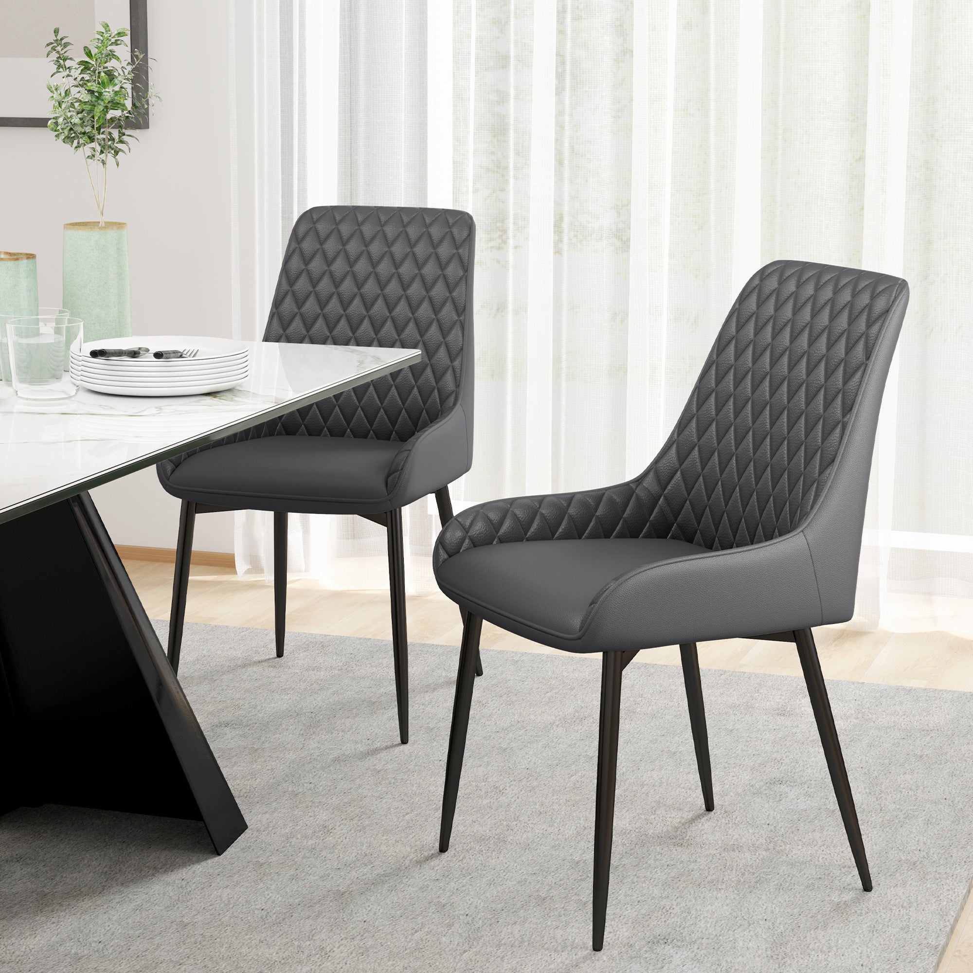 Dining Chairs, Quilted with Metal Frame 4 Legs, Grey PU Leather