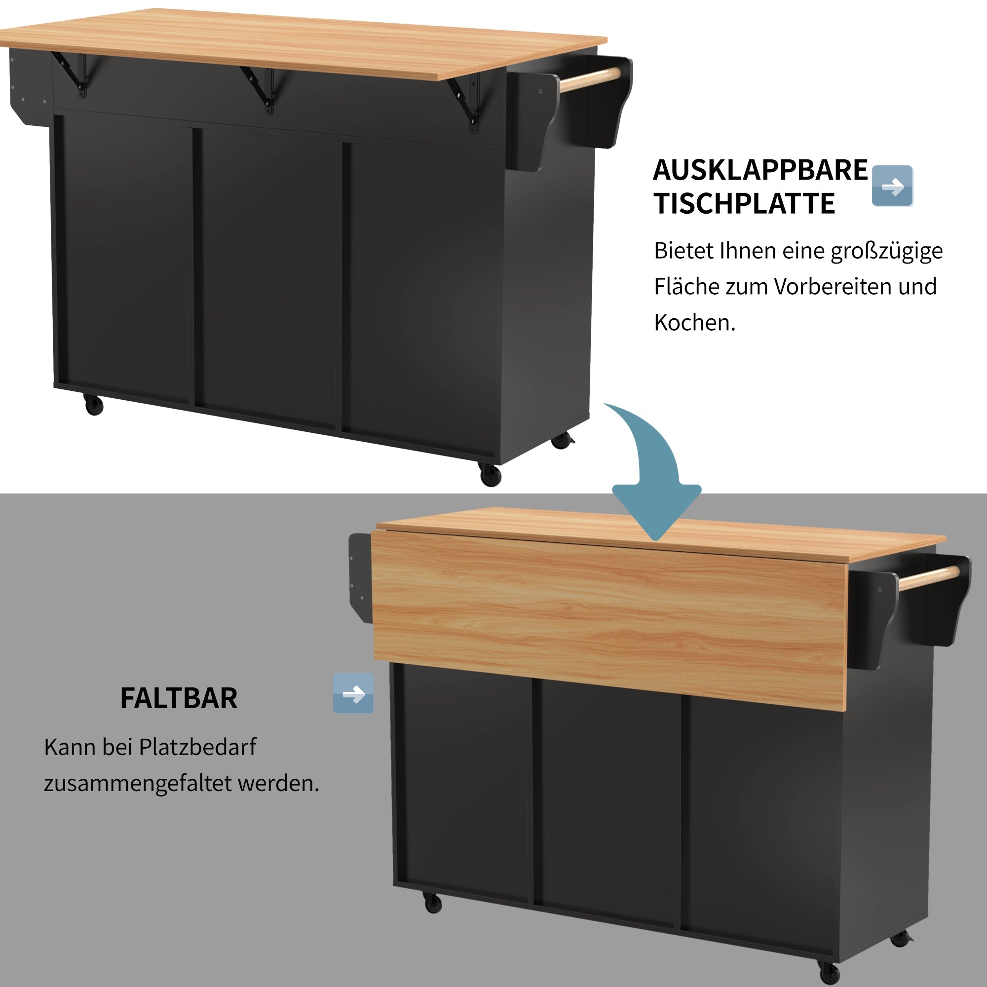 Dining Trolley/Sideboard with Fold-Down Worktop and Storage Casters, Black Solid Wood Grain