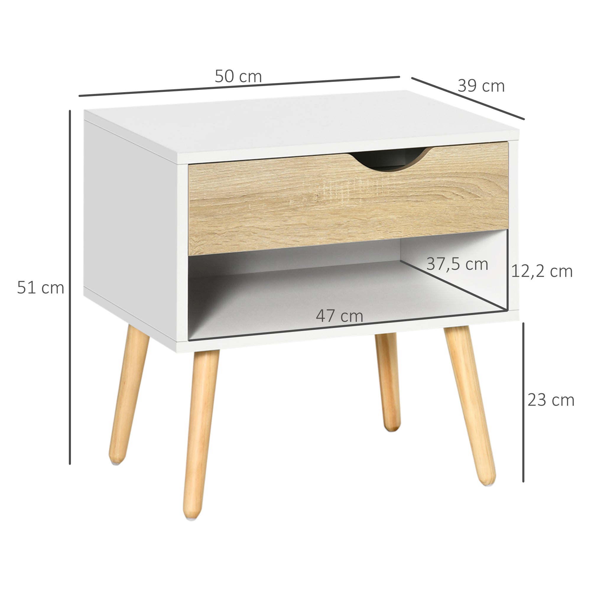 Set of 2 Bedside Tables with Drawer and Shelf, Wood/Particle Board