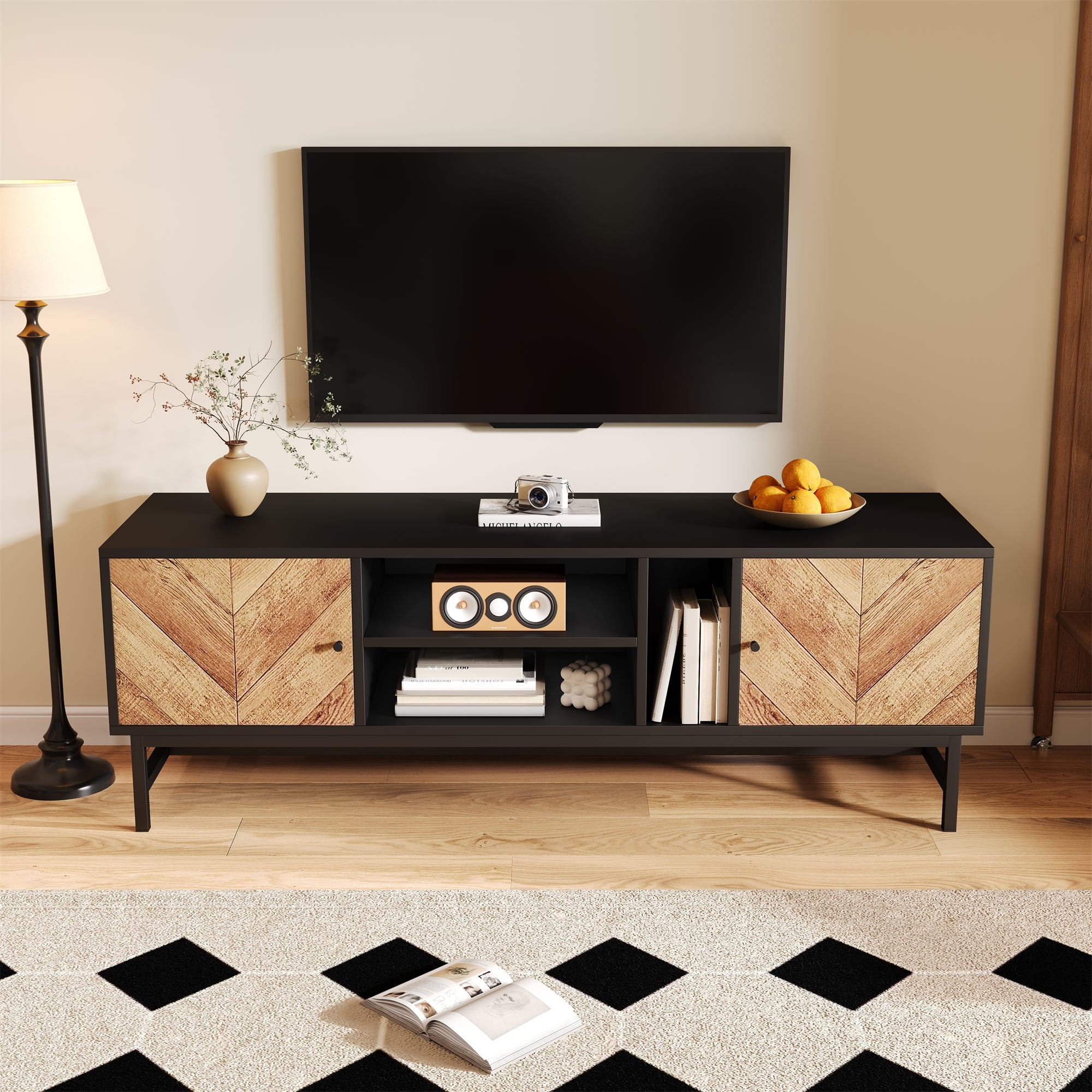 TV Cabinet 150 cm, Versatile Storage with Cabinets & Compartments, Black & Wood
