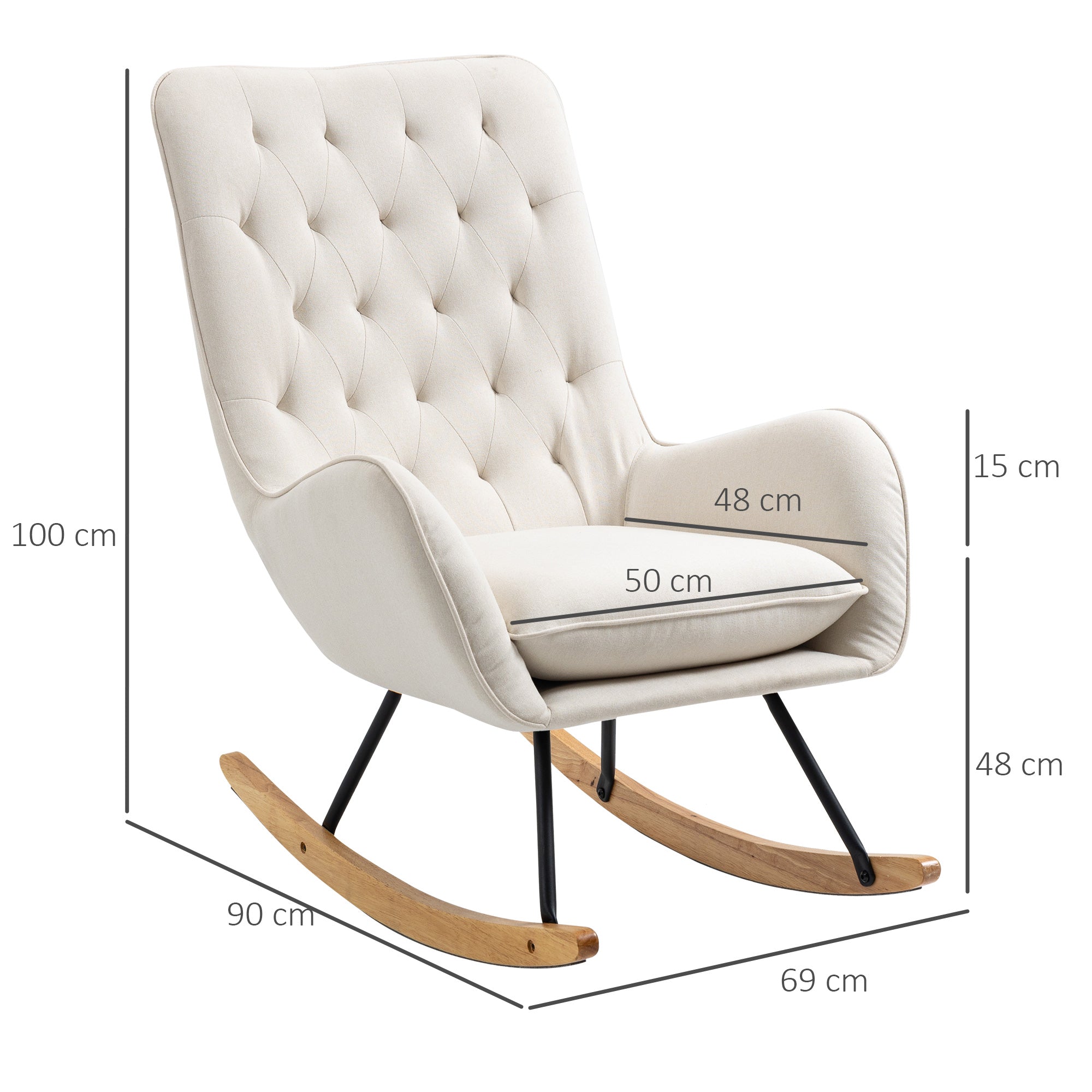 Rocking Chair Recliner Swivel Wooden Metal Frame, Cream-White Linen