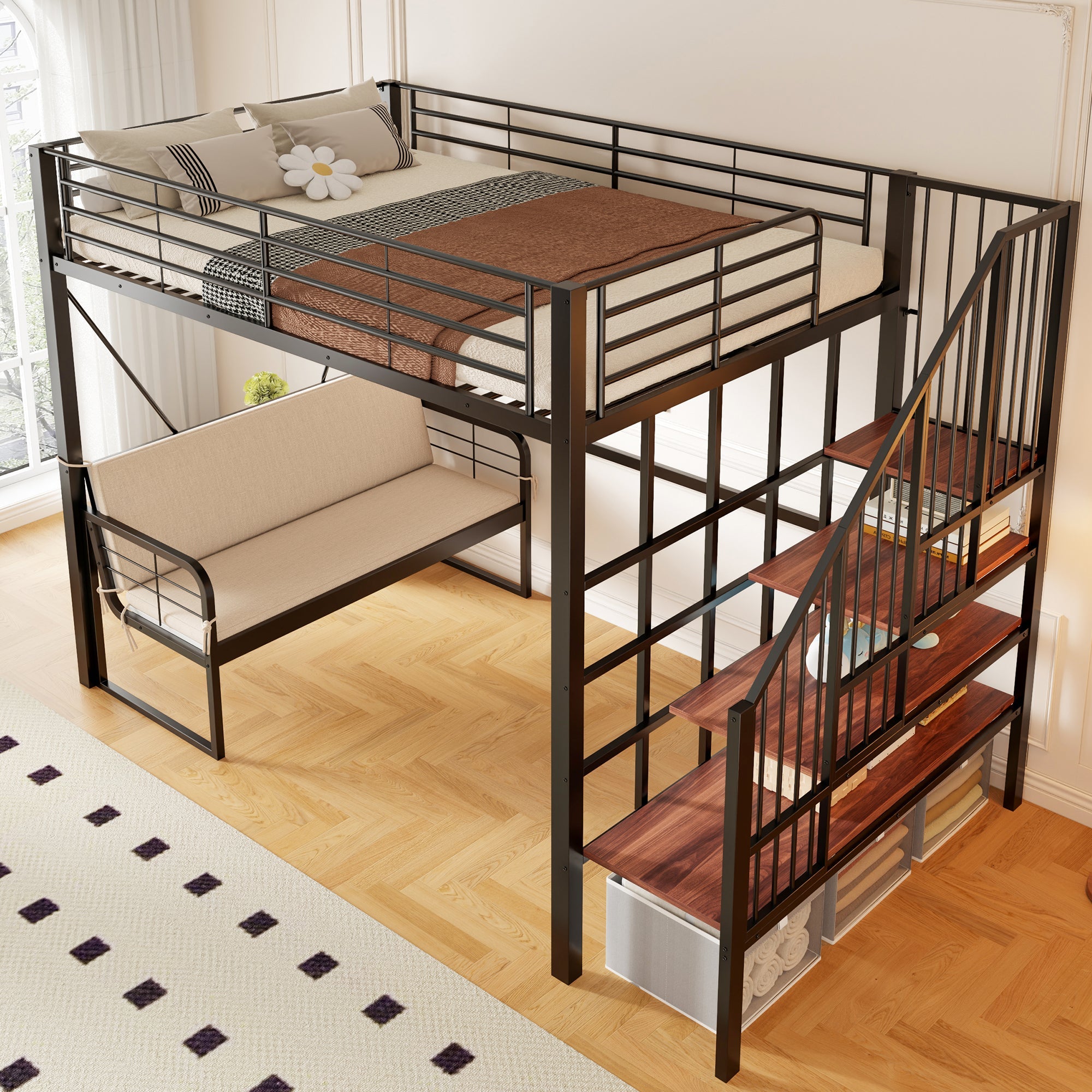 Bunk Bed with Removable Sofa and Storage Stairs, 140x200cm, Black Metal