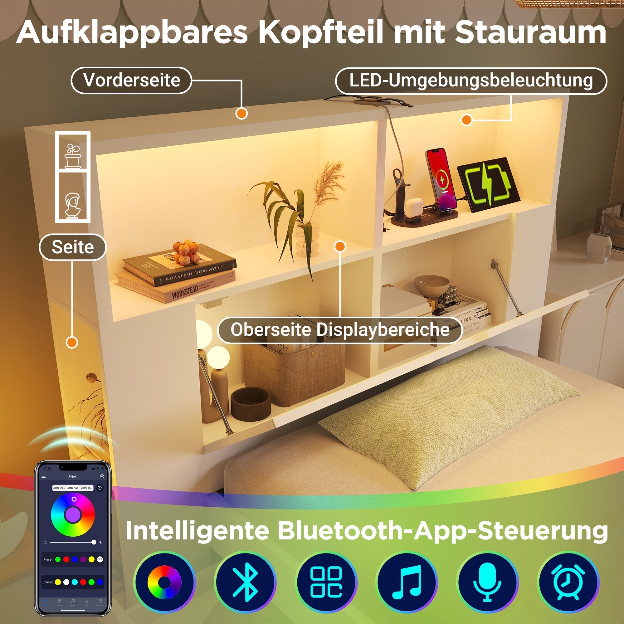 Wooden Single Bed 90x200cm Storage LED USB Drawers Shelves - White Wood