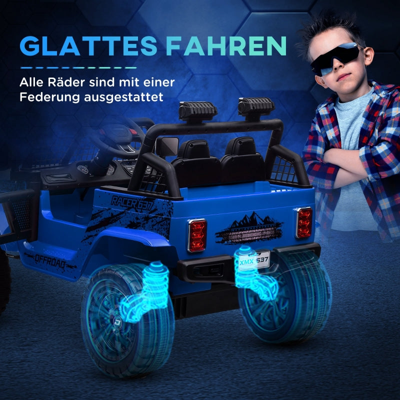 AIYAPLAY Kids Electric Car with Soft Suspension, Remote Control, LED Lights, Horn, 12V Motors, Plastic and Metal, Blue