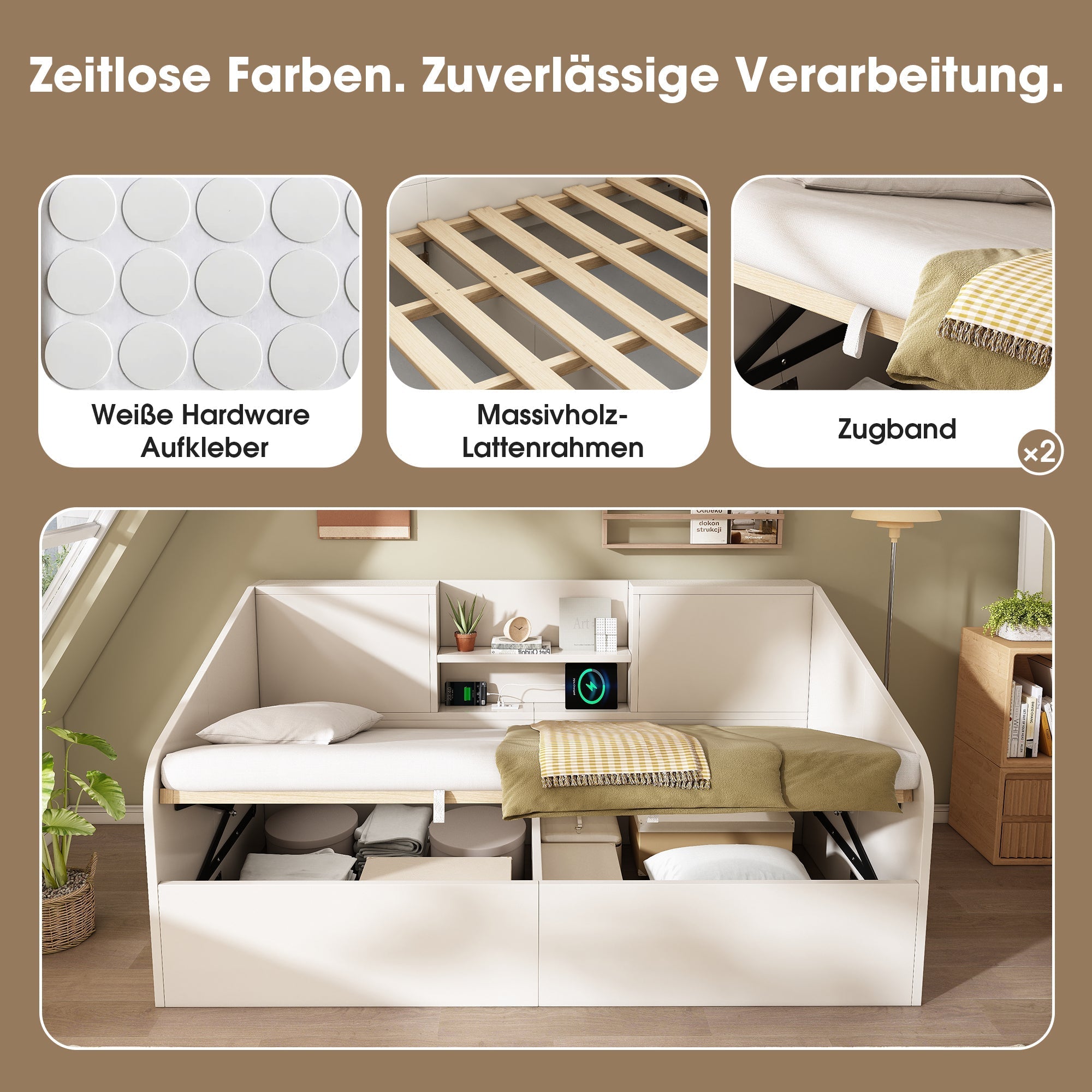 Daybed 90x200cm Hydraulic Storage USB/Type-C Charging - White Wood
