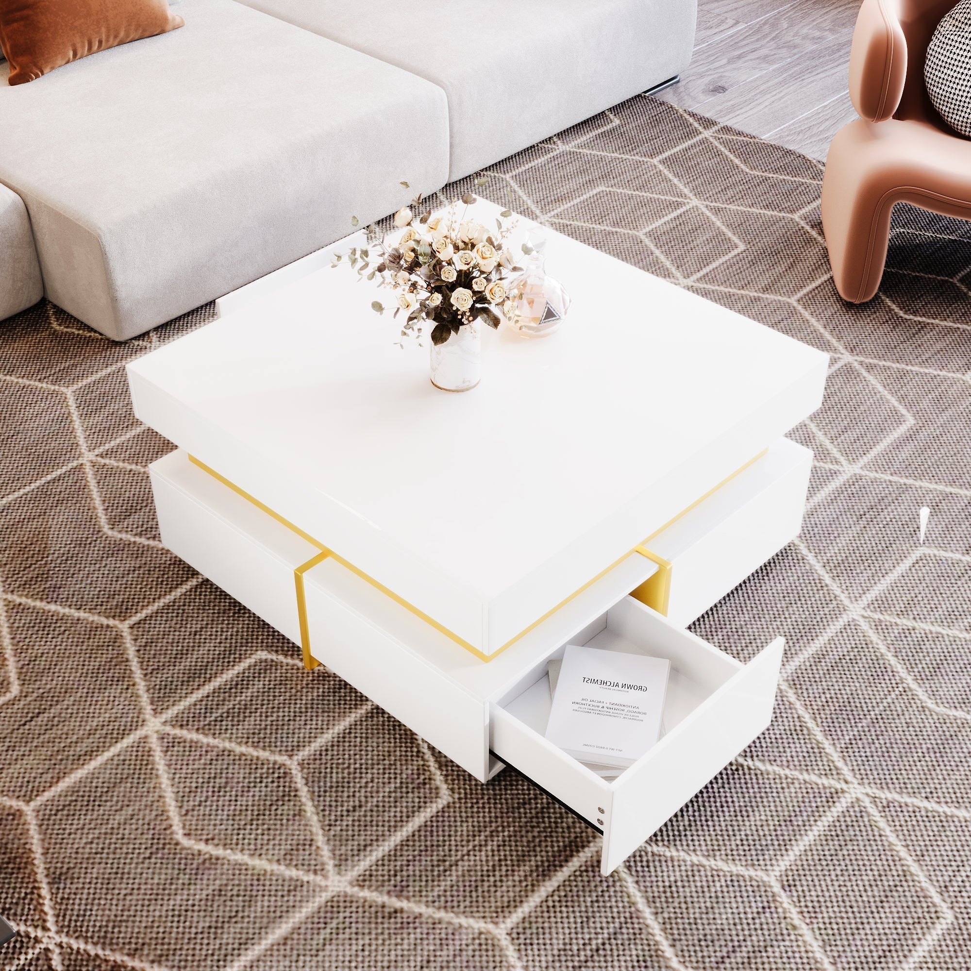 Coffee Table High-Gloss Drawers Gold Accents