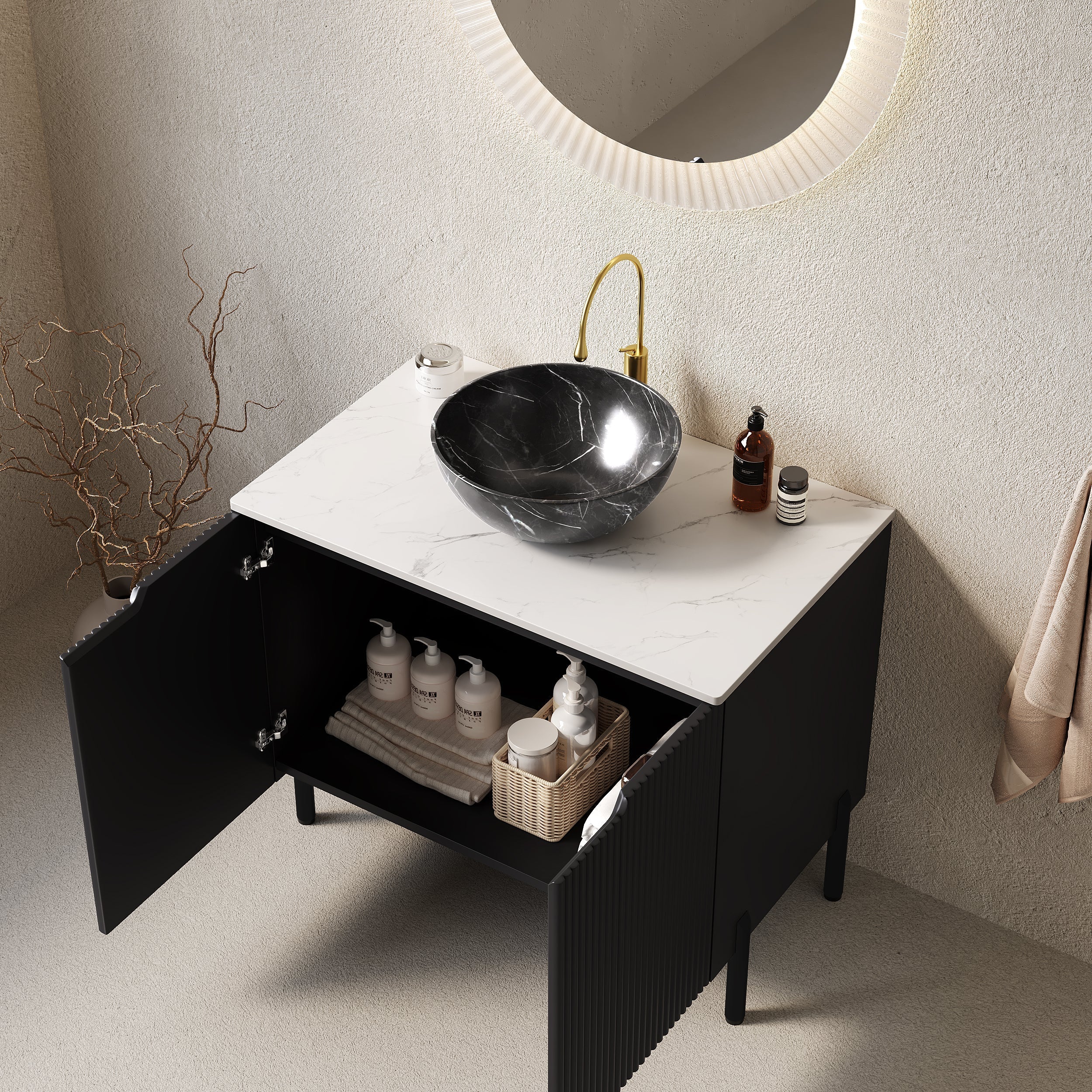 76cm Bathroom Vanity Unit with Stone Pattern Basin and Sintered Stone Countertop, Black