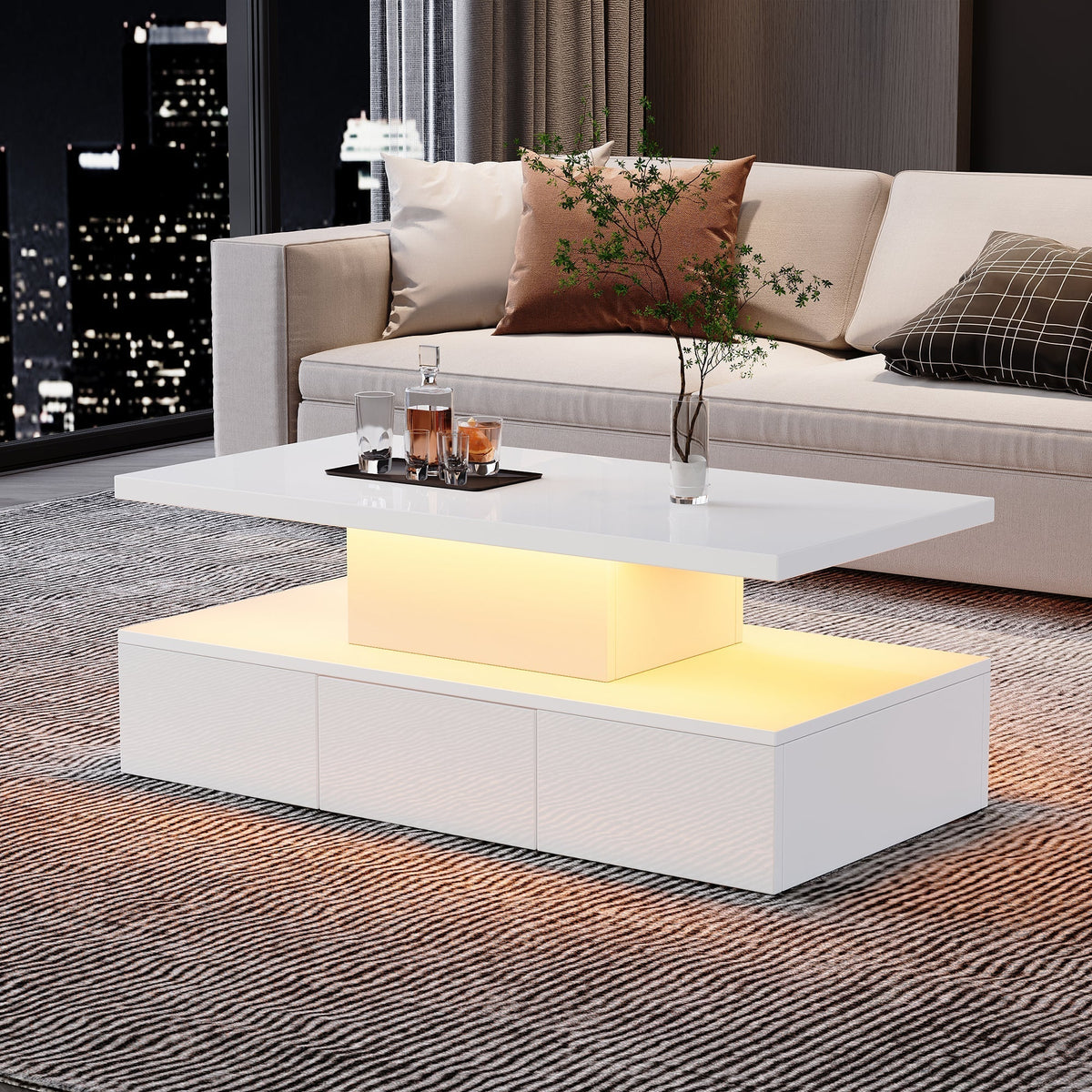 Coffee Table Two-Tier LED Light Storage Drawer High-Gloss White