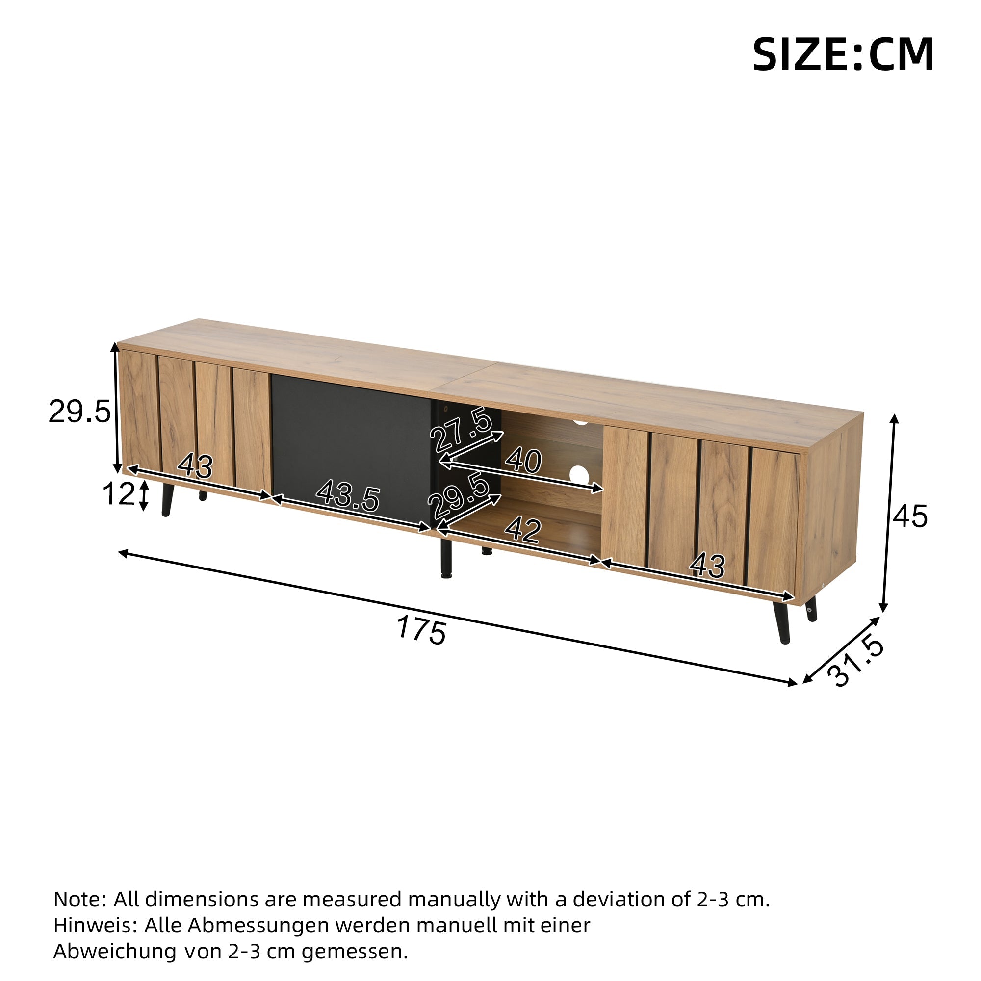 Lowboard TV Cabinet 175x31.5x45cm for 75-inch TVs with 3 Cabinets Wood Black