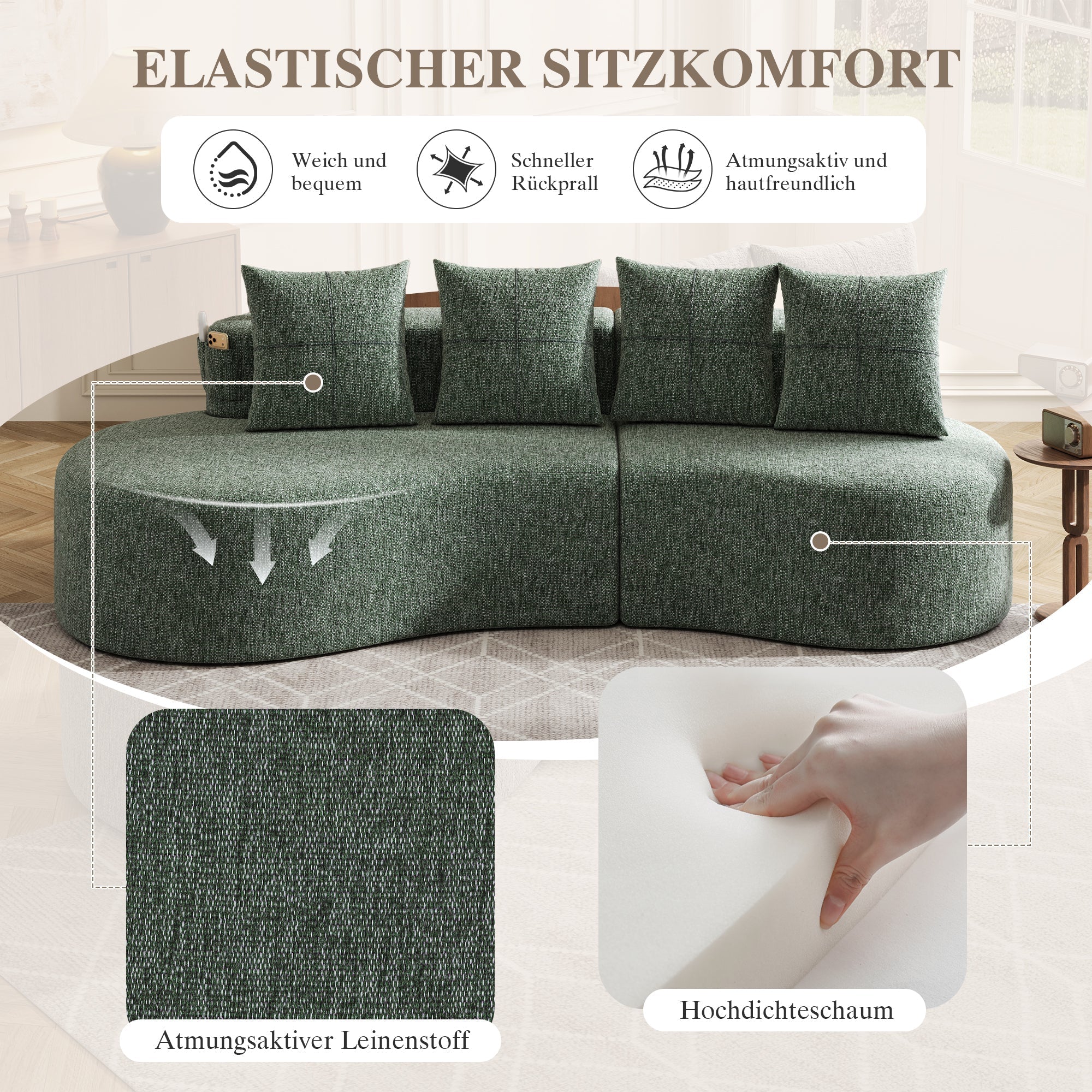 Linen Sofa with 4 Cushions, Cup Holder and Side Pocket, Green