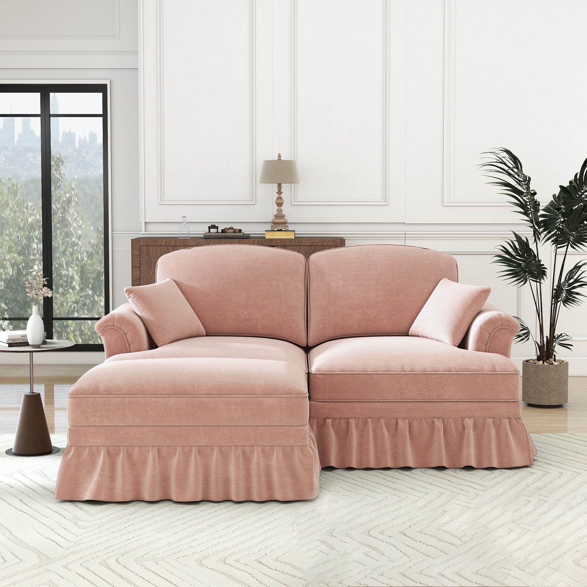 Modular L-Shaped Sofa Mid-Century 2-Seater Movable Ottoman - Pink Chenille