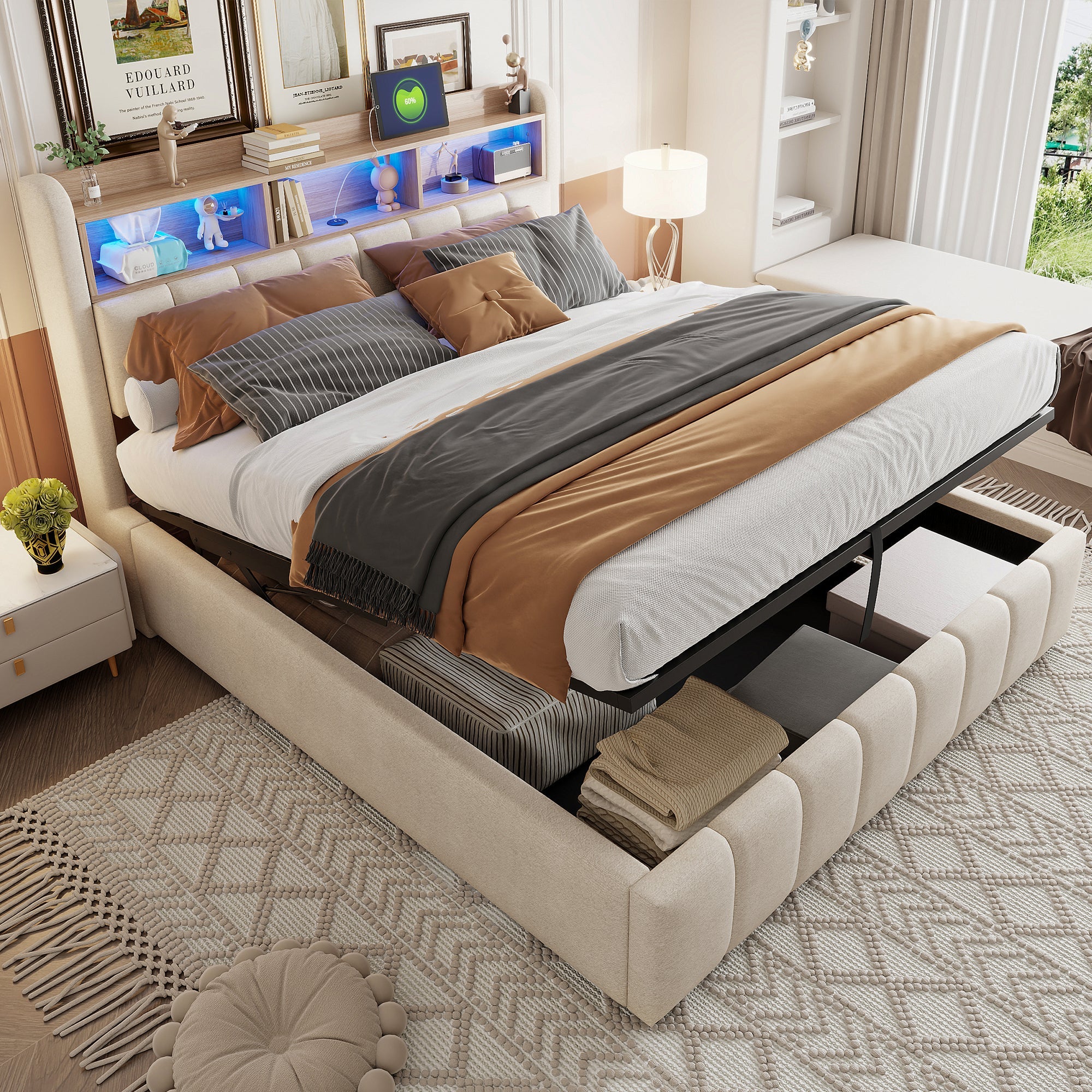 Upholstered Bed 180x200cm LED/USB, Hydraulic Storage Headboard, Beige Linen Fabric