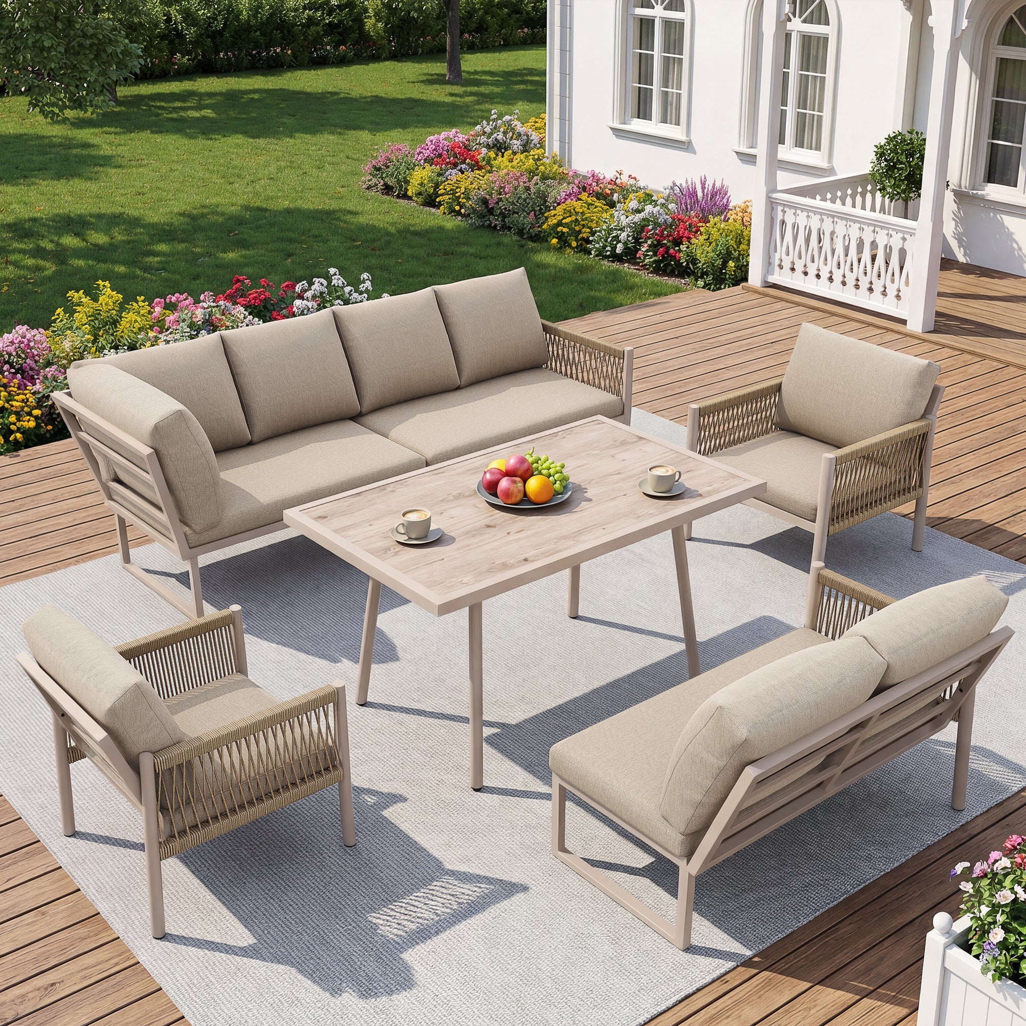 Garden Lounge Seating Group, L-Shaped Sofa with Table and 2 Armchairs, Beige