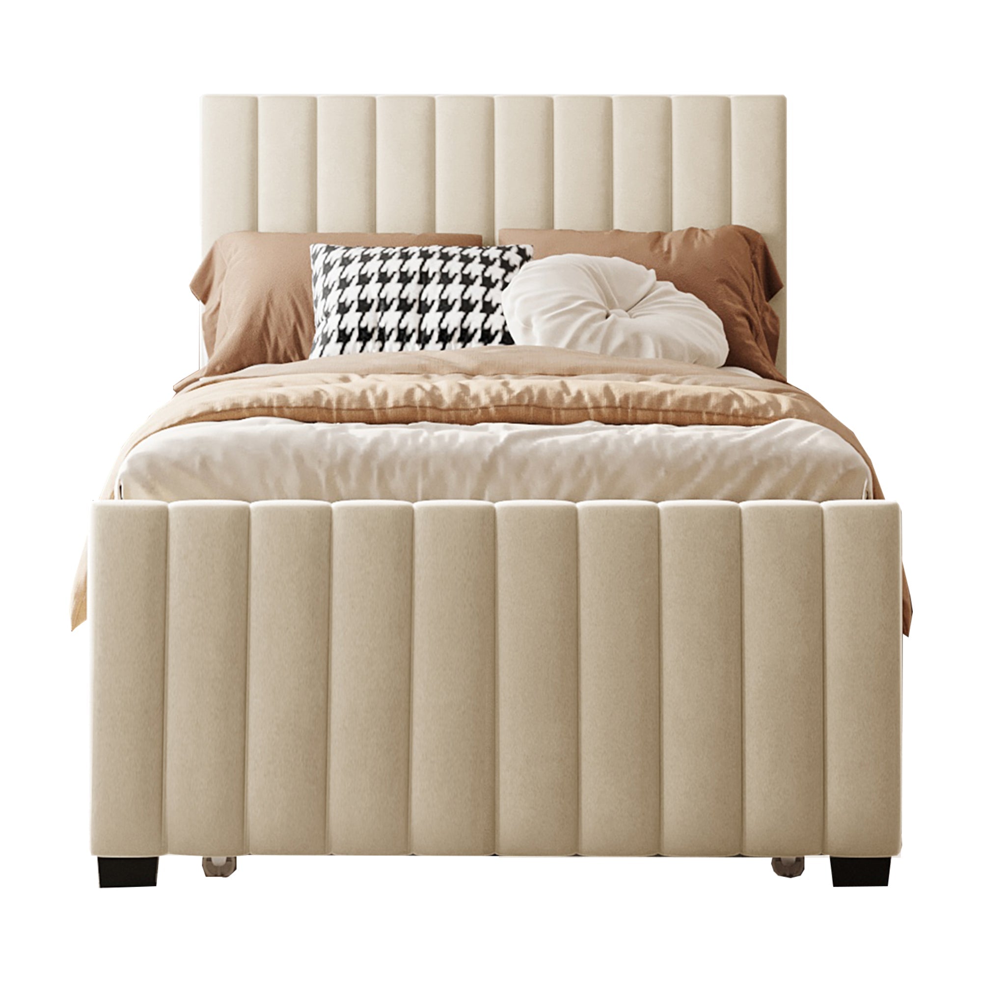 Upholstered Bed, Single with Pull-Out, 90 x 190 cm, Beige Velvet