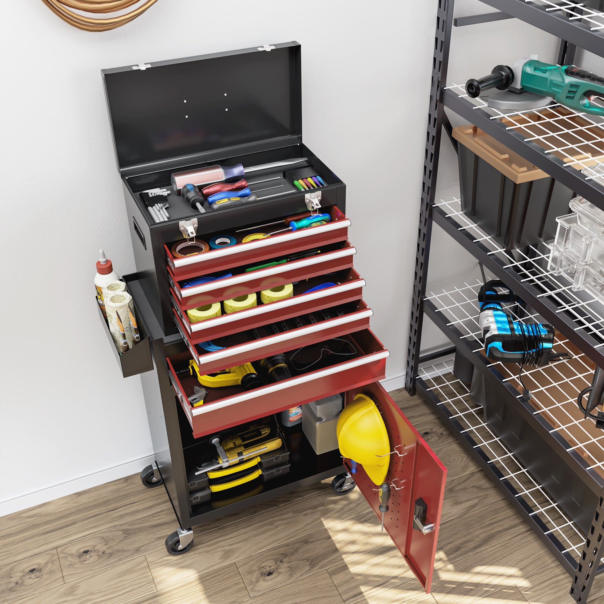 Workshop trolley, 5 drawers, lockable mobile, 130 kg load, steel black and red