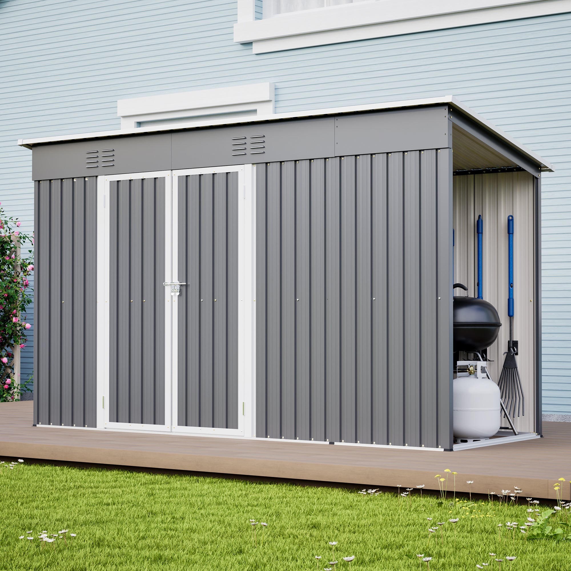 10x4 FT Metal Garden Shed with Double Doors, Ventilation and Reinforced Frame, Grey