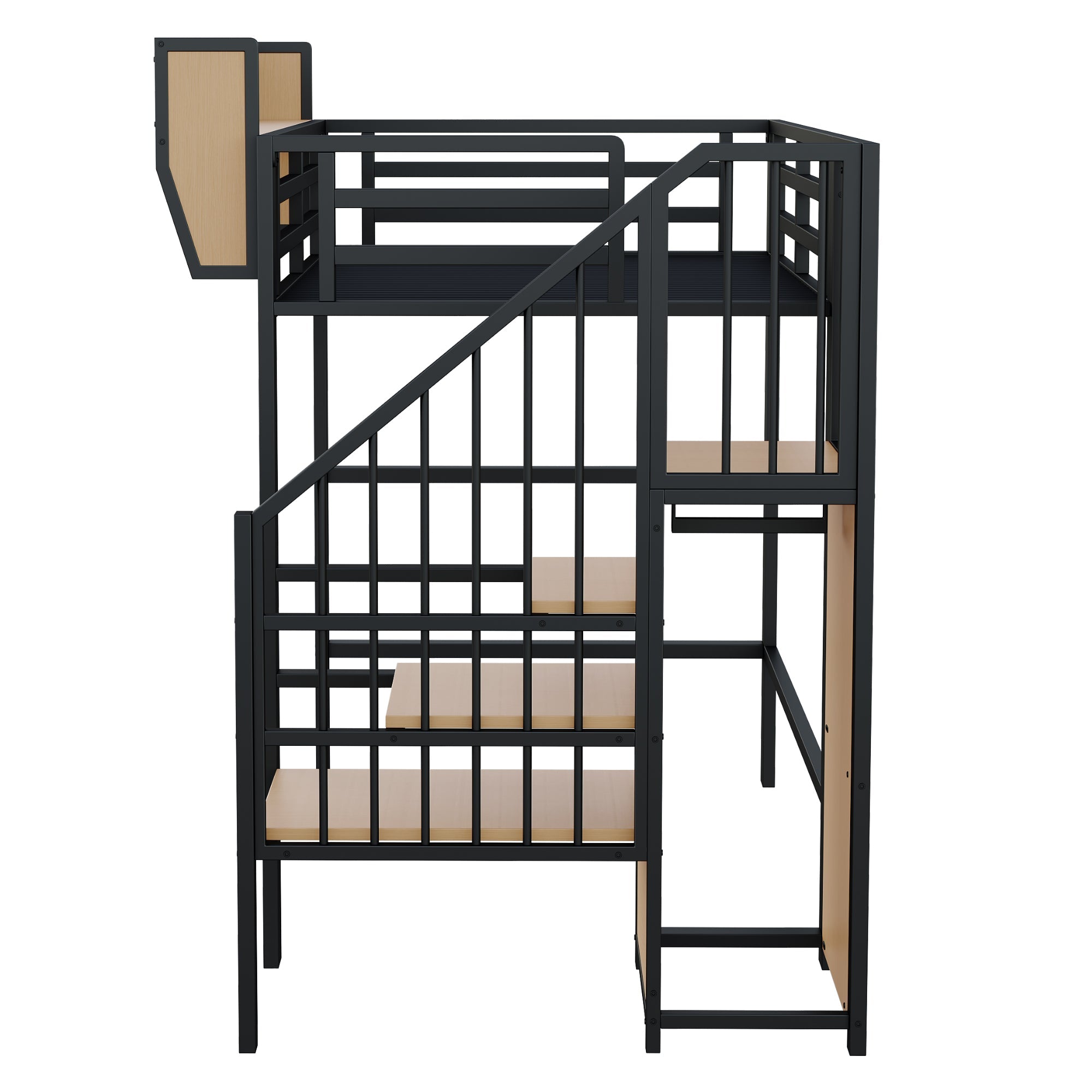 Loft Bed 90x200 with Safety Ladder Storage Bunk Metal, Black