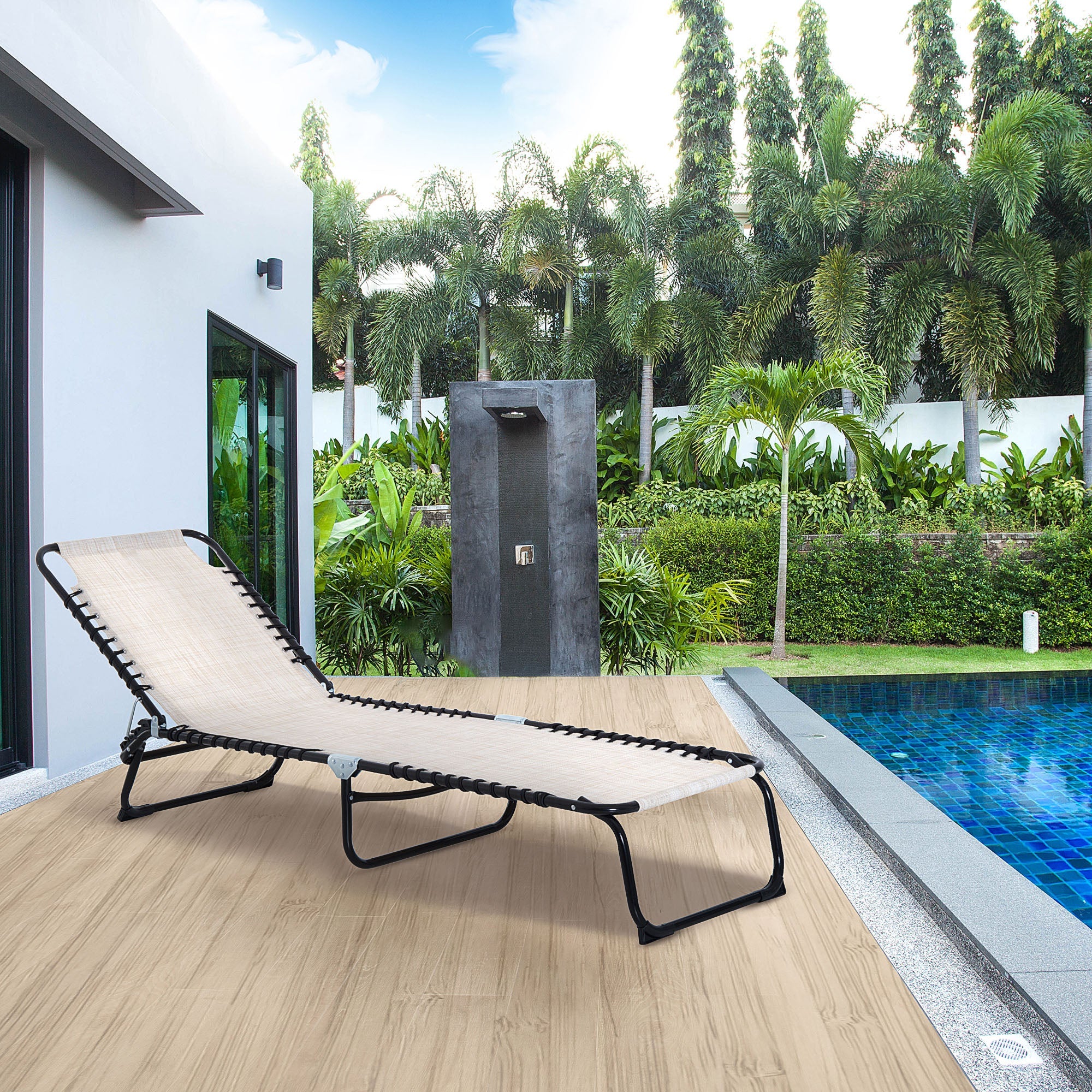 Foldable Sun Lounger 4-Position Adjustable Backrest Steel Mesh Fabric, Beige