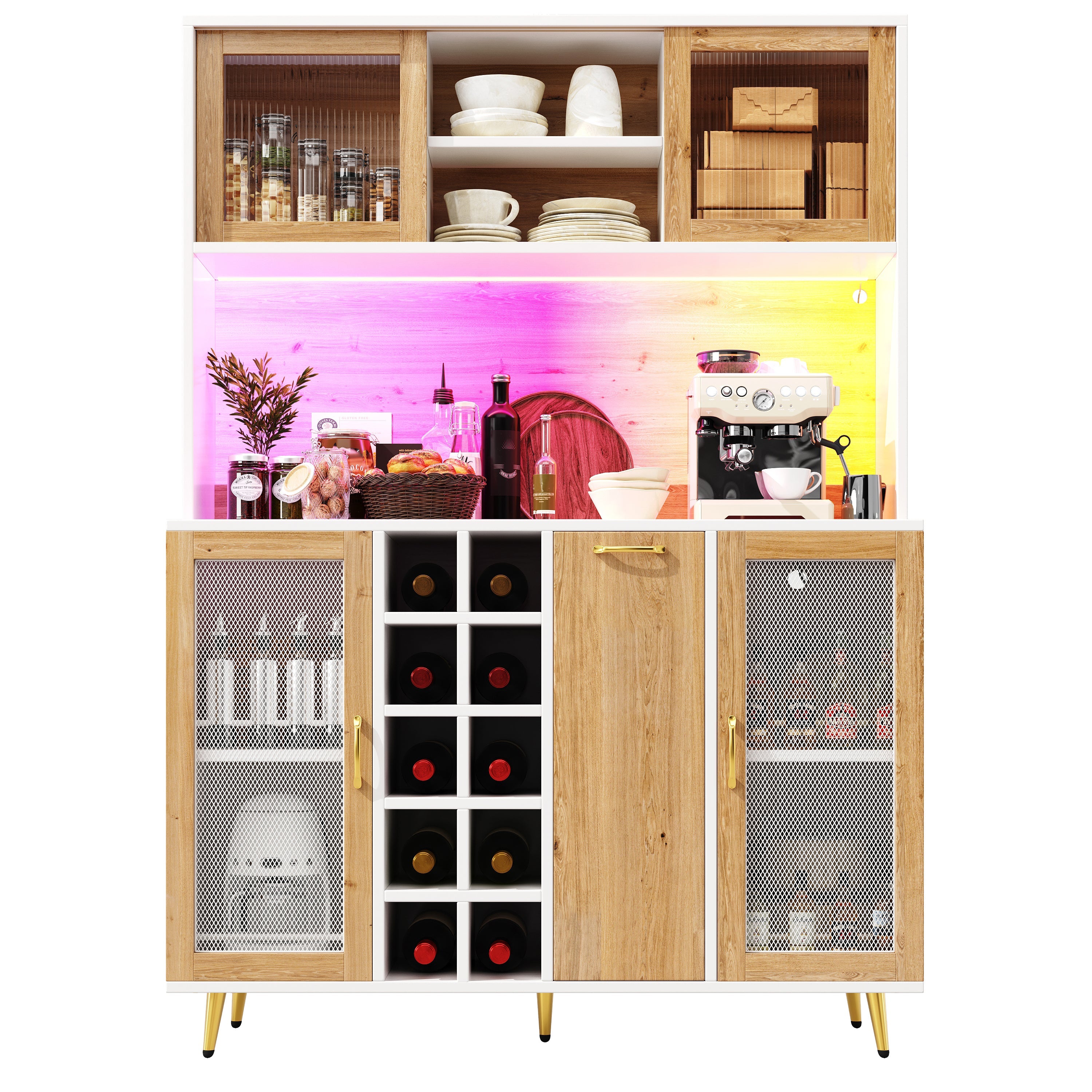 Buffet Sideboard Cabinet with LED Lighting, Wine Rack and Integrated Socket, White and Wood Look
