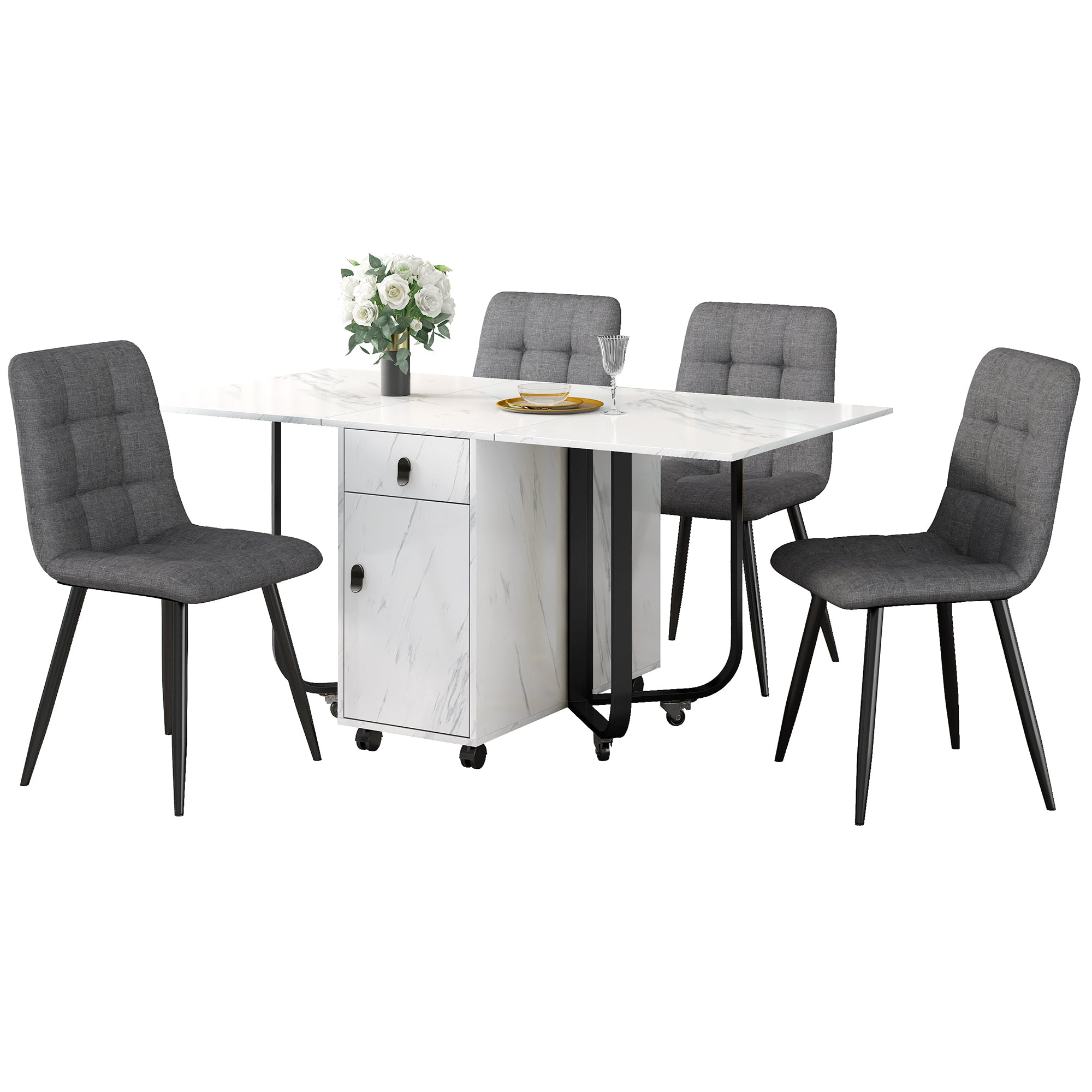 Dining Set 5-Piece Folding Kitchen Table Upholstered Linen Chair White MDF/Black Legs