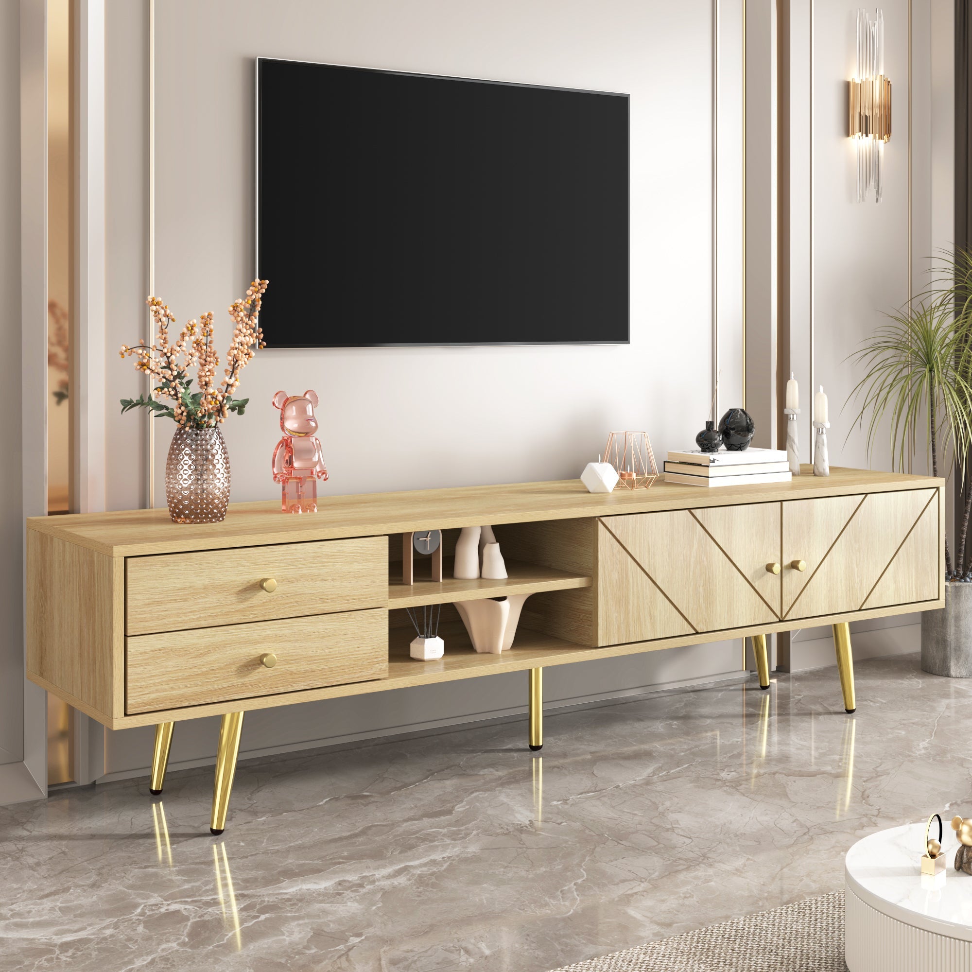 TV Cabinet 160cm, Gold Feet, Two Drawers, Unique Doors