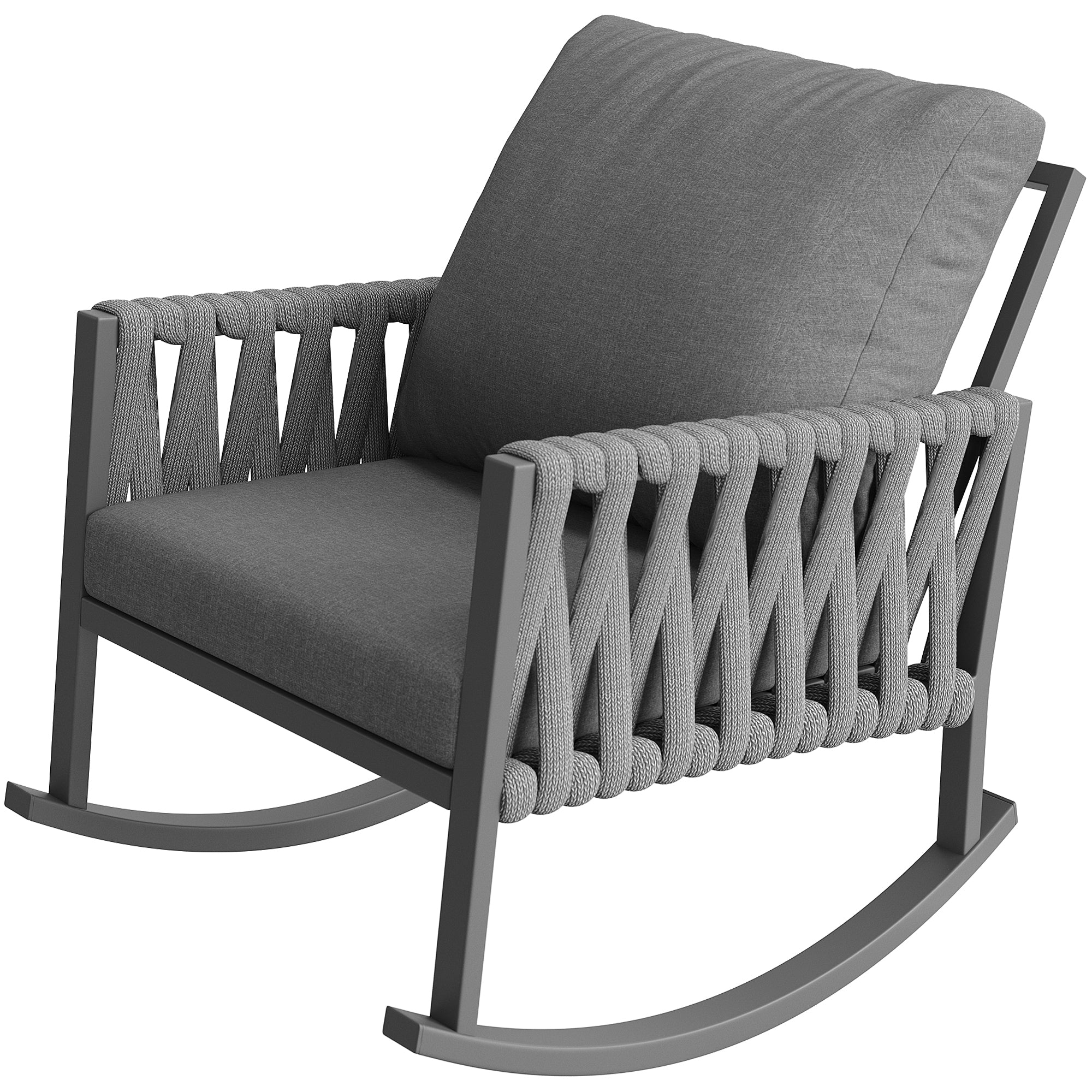Outdoor Rocking Chair with Cross-Rope Weaving and Weatherproof Metal Frame, Metal and Rope