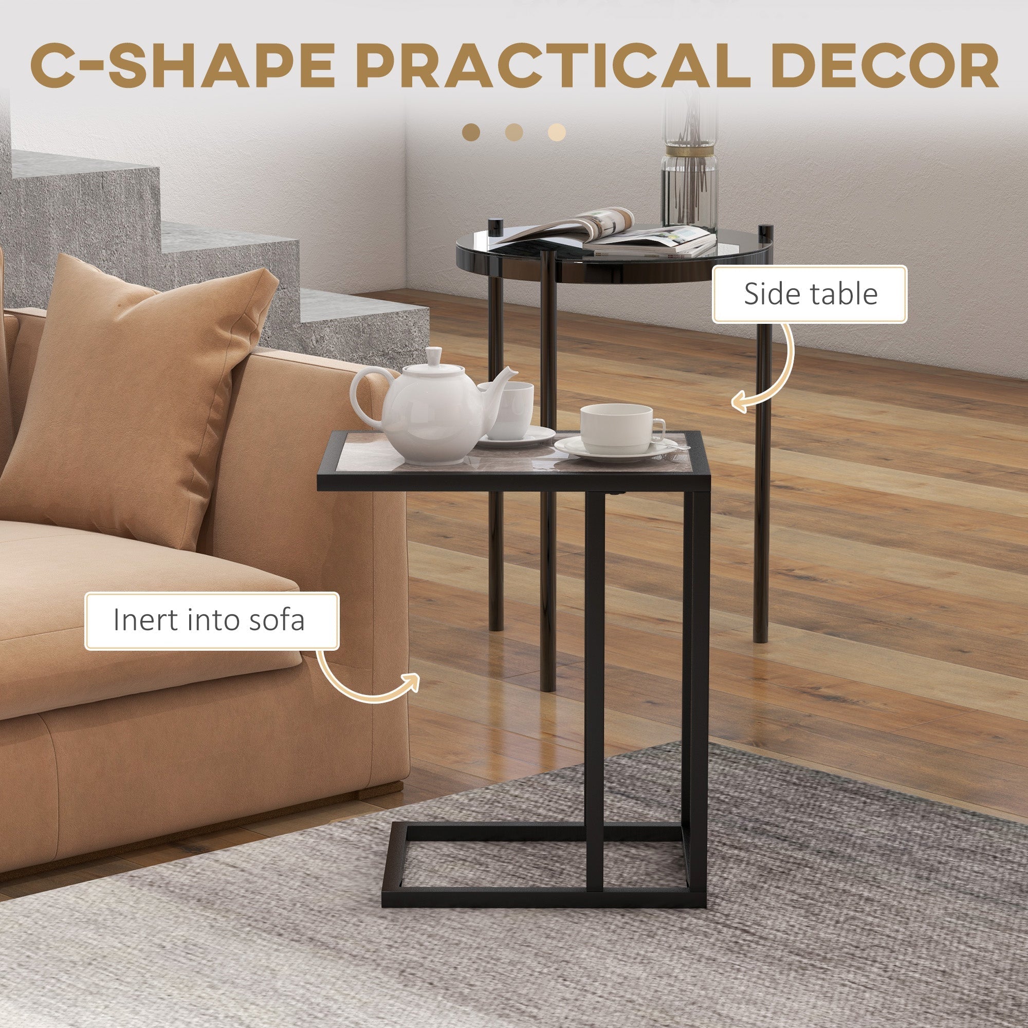 C Shape Bedside Table, Metal Frame Marble-Effect Top Snack End Table, Grey