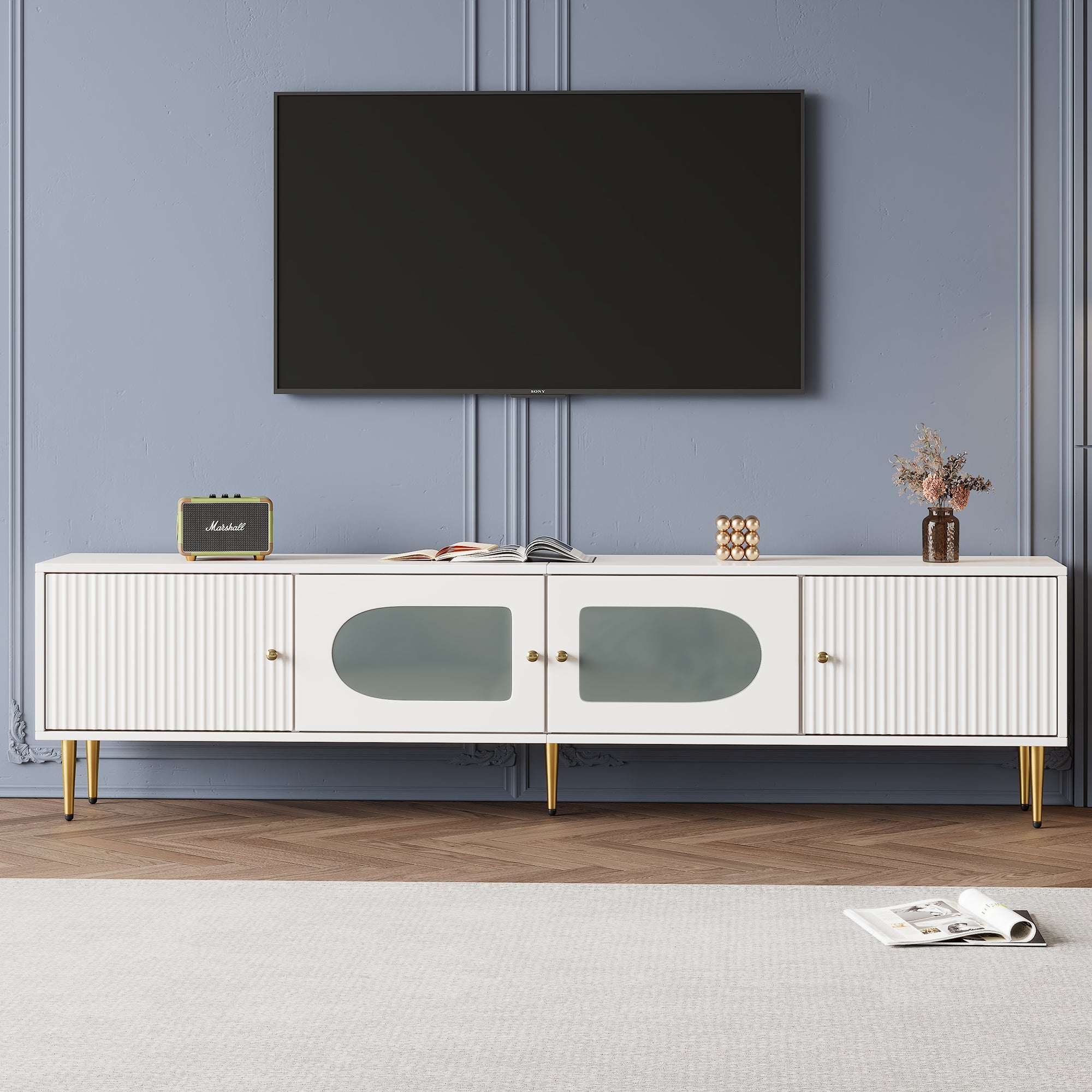 TV Cabinet 170x35x50cm, Golden Legs & Handles, Curved Glass, White