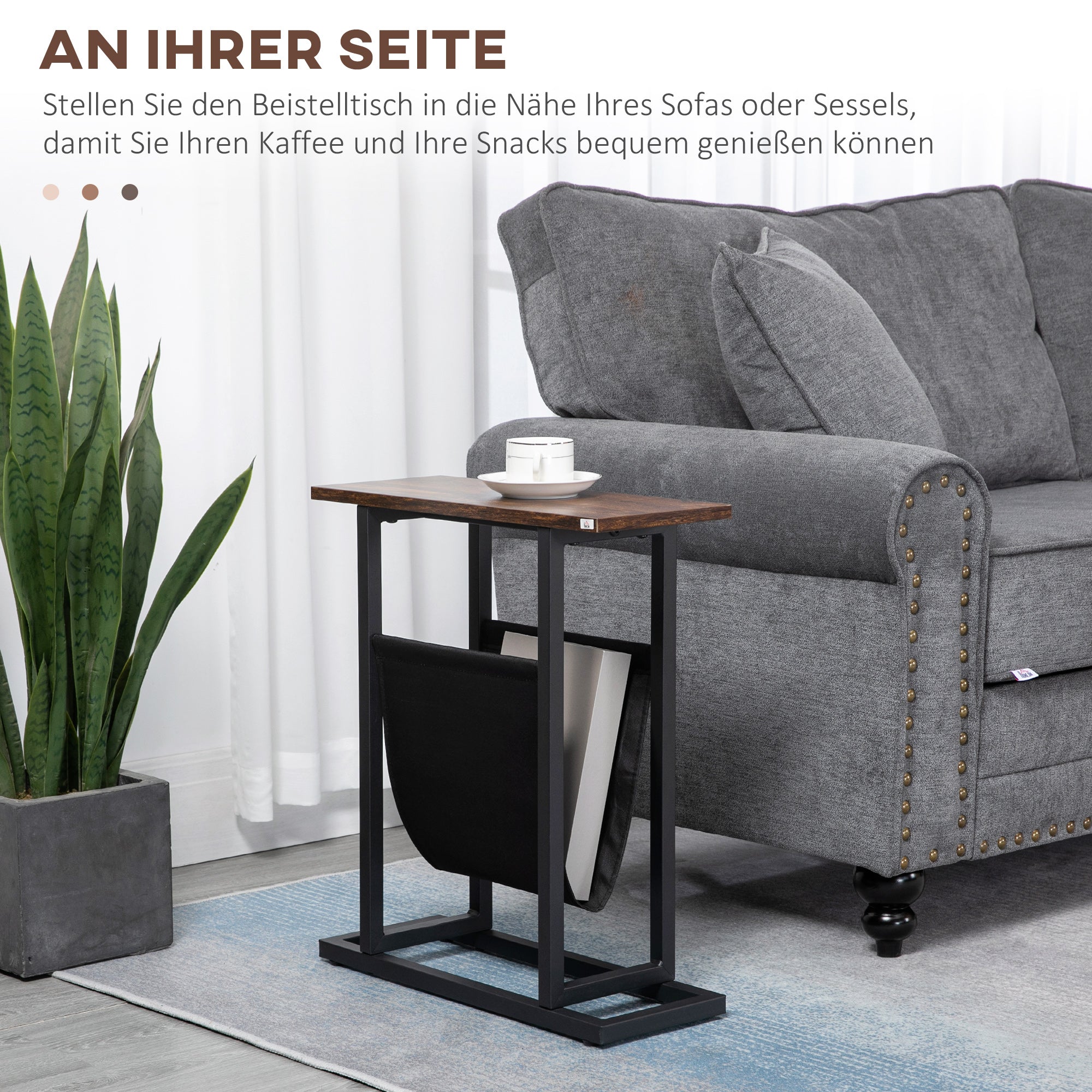 Beistelltisch Couchtisch Nachttisch, Stofftasche Stahlrahmen, Dunkelbraun und Schwarz