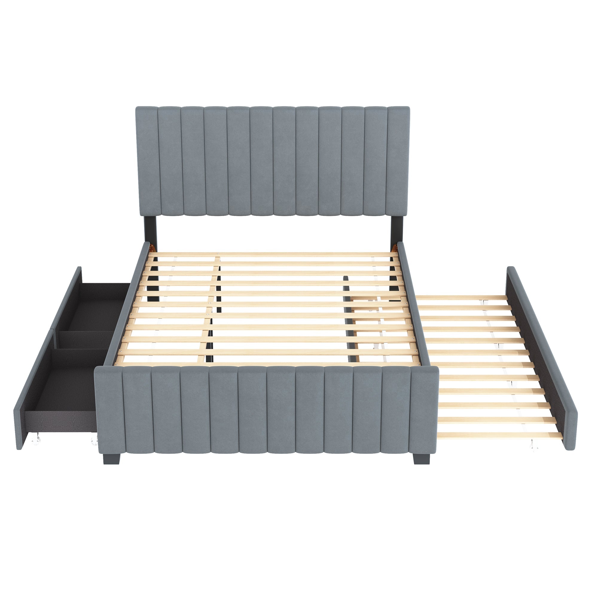 Upholstered Bed 140x190cm, Pull-Out & 2 Drawers, Velvet, Grey