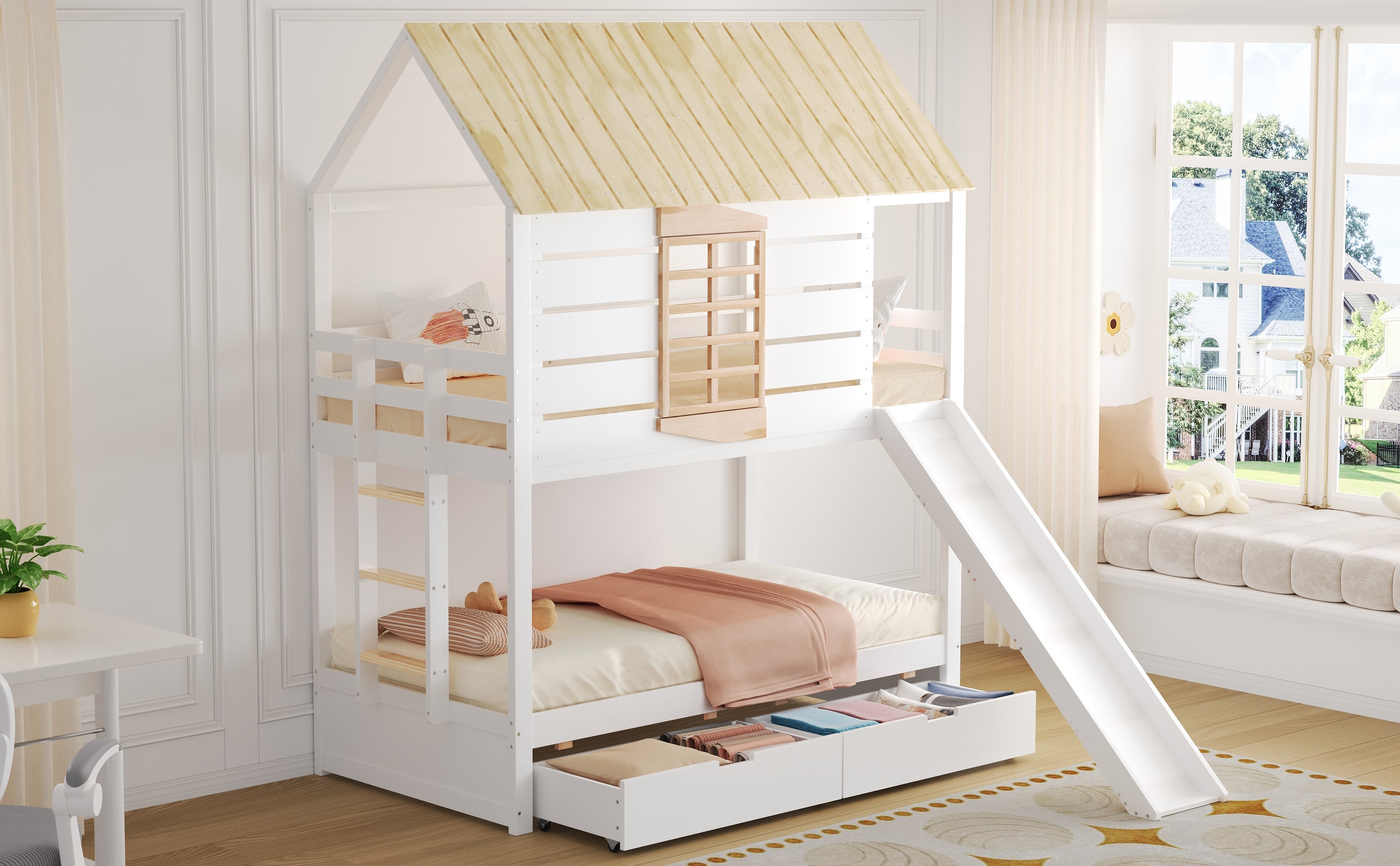 House Bunk Bed with Slide and 2 Storage Drawers, 90x200cm, White and Natural
