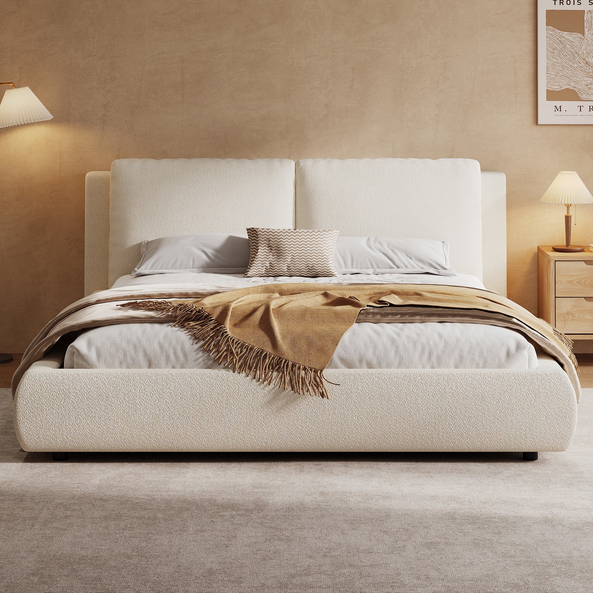 Upholstered Bed, Double 180x200cm, Hydraulic, Storage, Slatted Base, Beige Bouclé