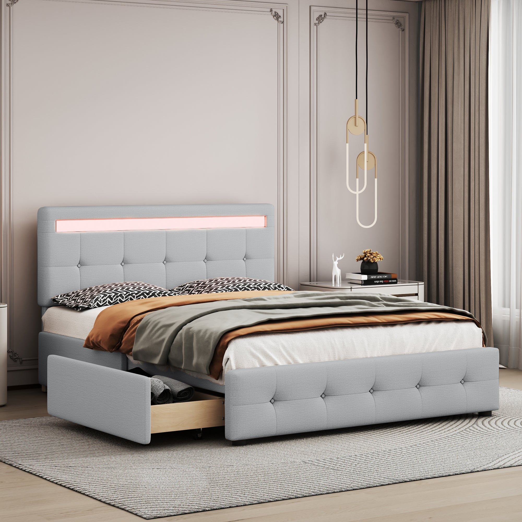 Upholstered Bed, 140x200cm, LED, 4 Drawers, Linen, Grey