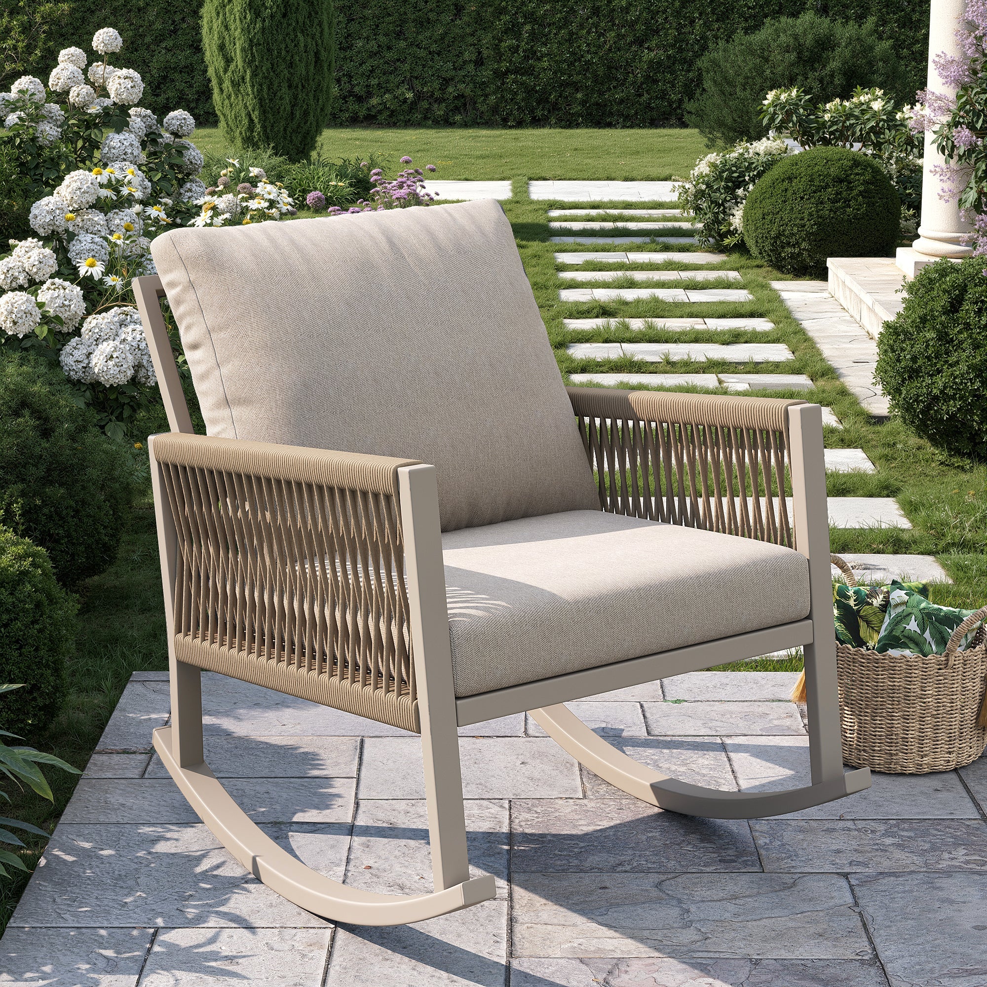Outdoor Rocking Chair with Cross-Rope Weaving and Cushions, Weatherproof Metal Frame