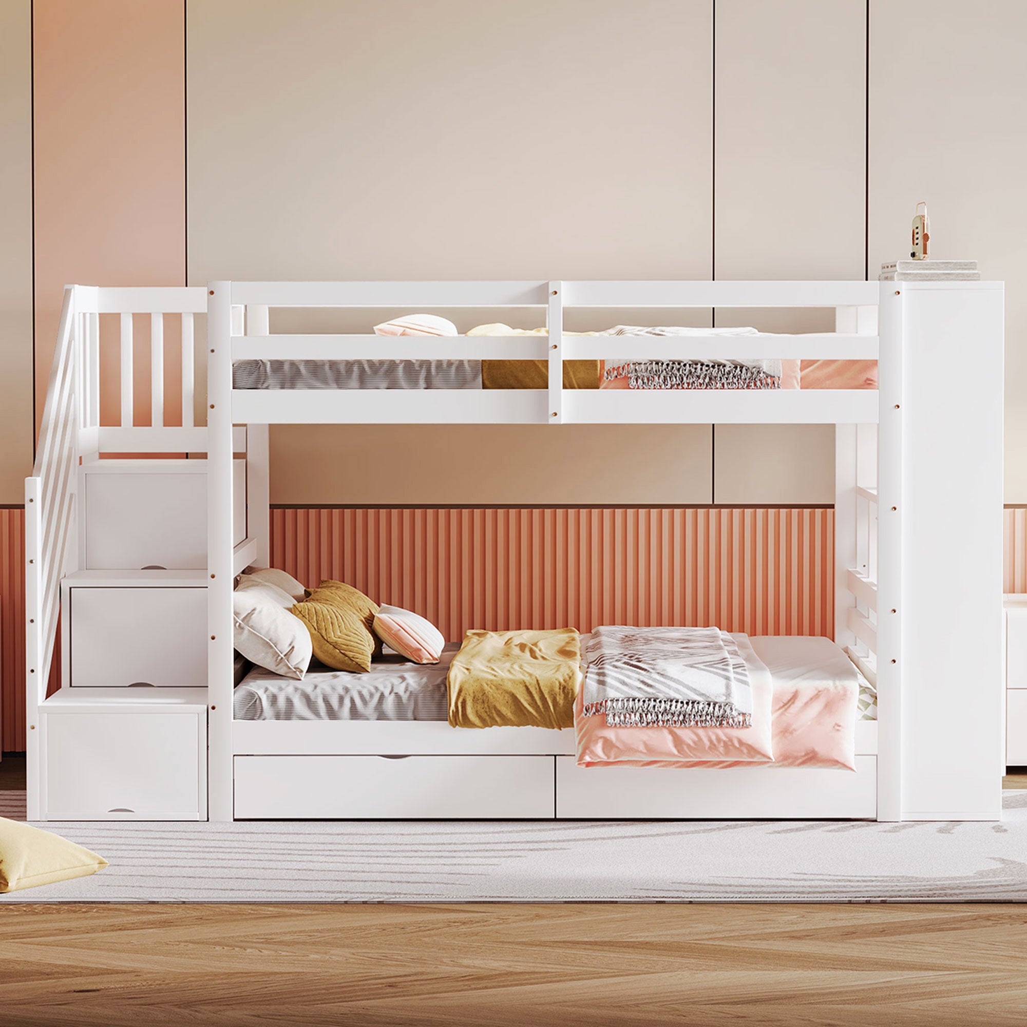 Bunk Bed, 90x200cm, Safety Ladder, Storage & Lockers, Pine Wood, White