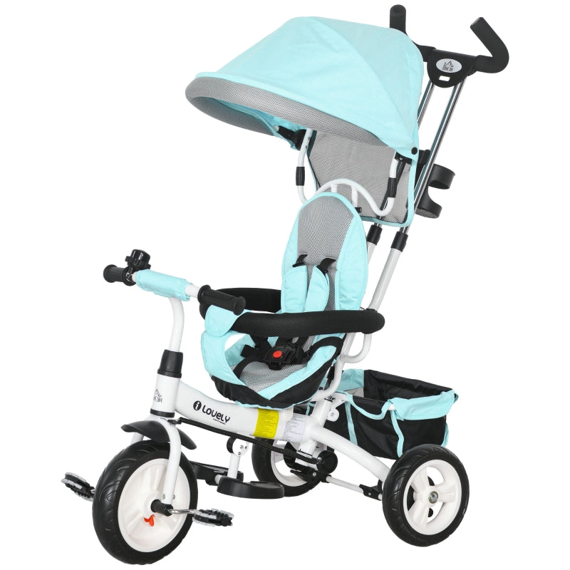 6-in-1 Tricycle with Push Bar, Sun Canopy, Safety Harness, Basket, Cup Holder, Green
