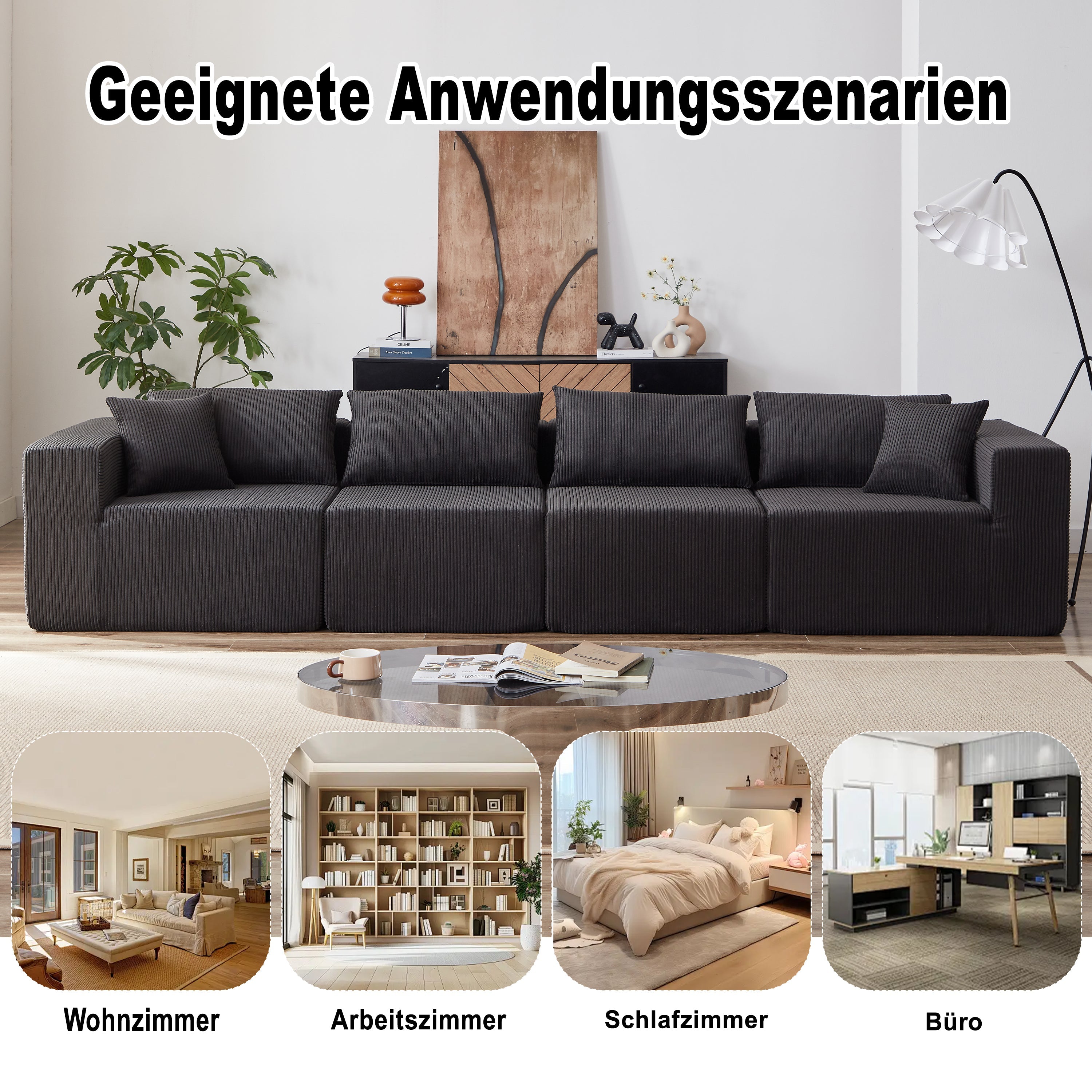 Modular L-Shaped Sectional Sofa 104-Inch 4-Piece Foam-Filled - Corduroy