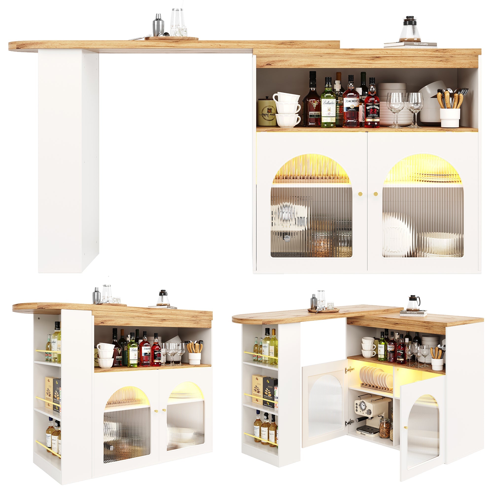 Modern Extendable Bar Table Rotatable Storage LED Bistro White