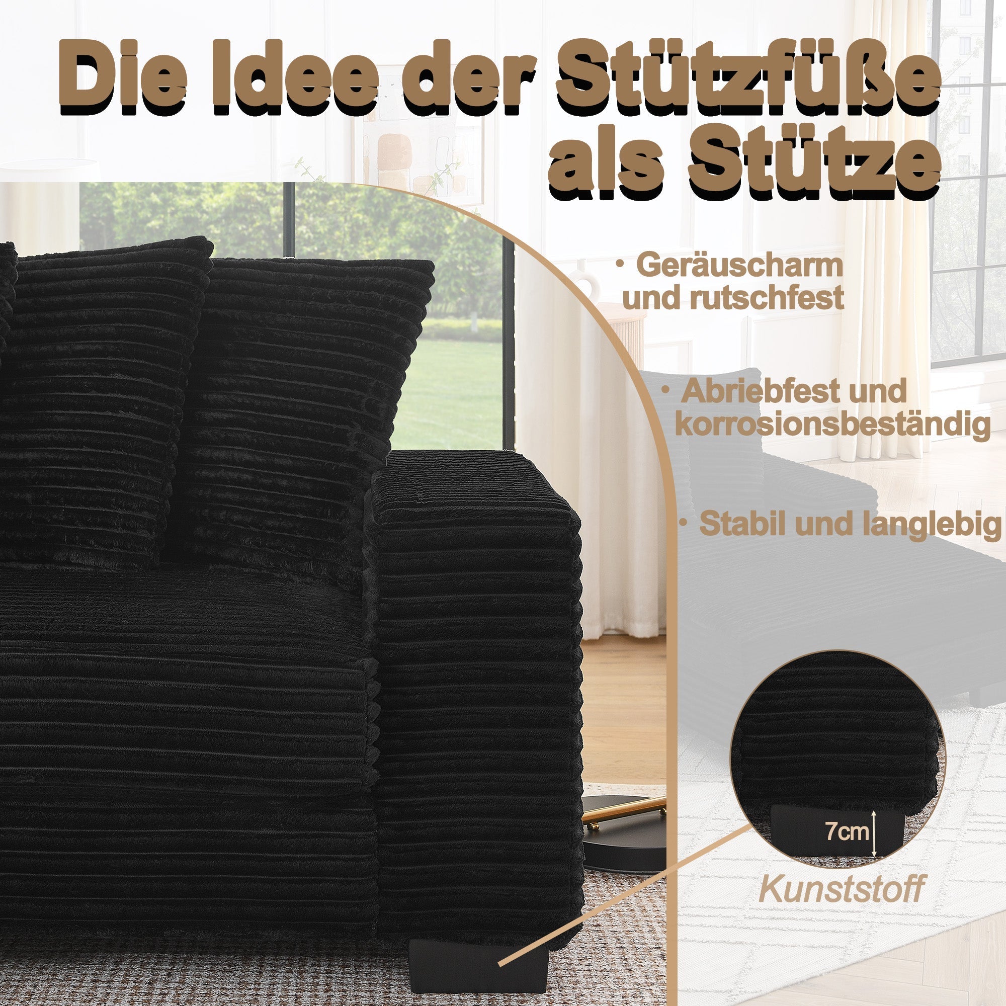 L-Shaped Corner Sofa 4-Seater Modular with 6 Cushions Corduroy Black