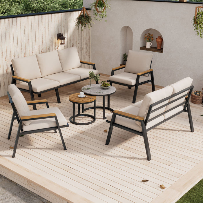 Garden Lounge Set with 3-Seater Sofa, 2-Seater Sofa, 2 Armchairs and 2 Coffee Tables, Galvanized Steel, Grey-Beige