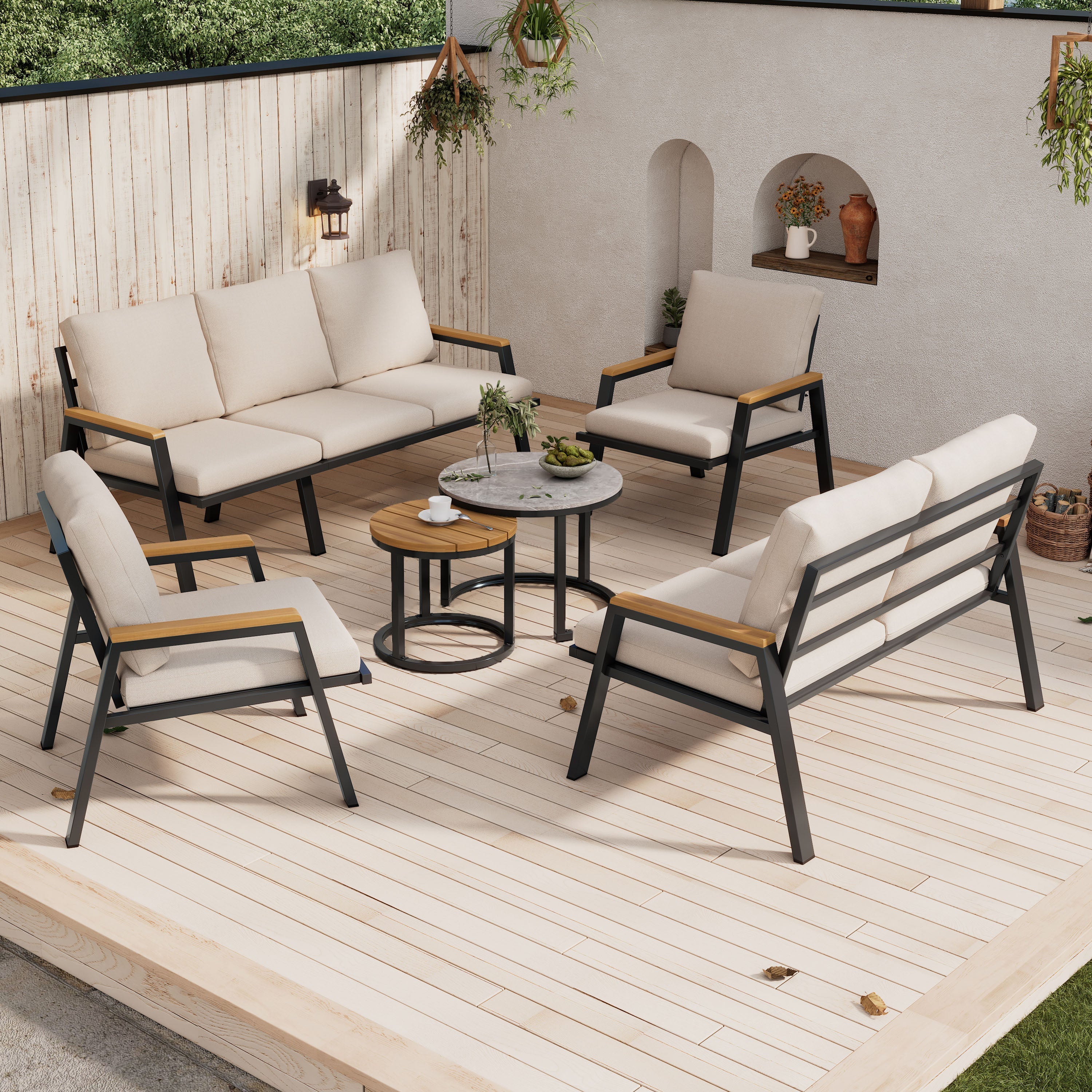 Garden Lounge Set with 3-Seater Sofa, 2-Seater Sofa, 2 Armchairs and 2 Coffee Tables, Galvanized Steel, Grey-Beige