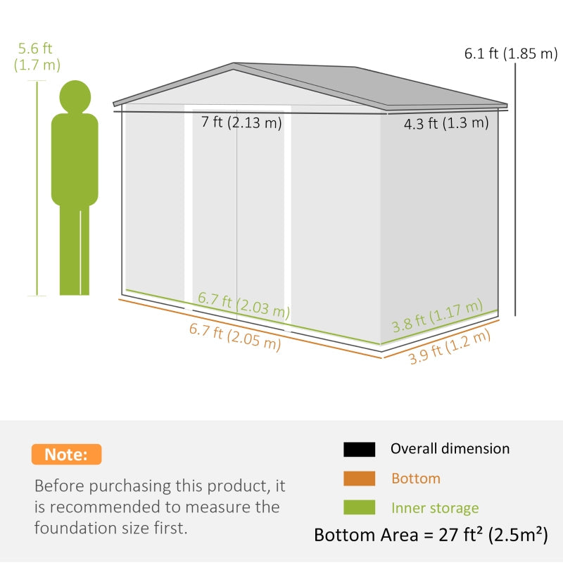 7 x 4ft Garden Shed, Outdoor Storage with Double Doors and Ventilation, Brown Metal