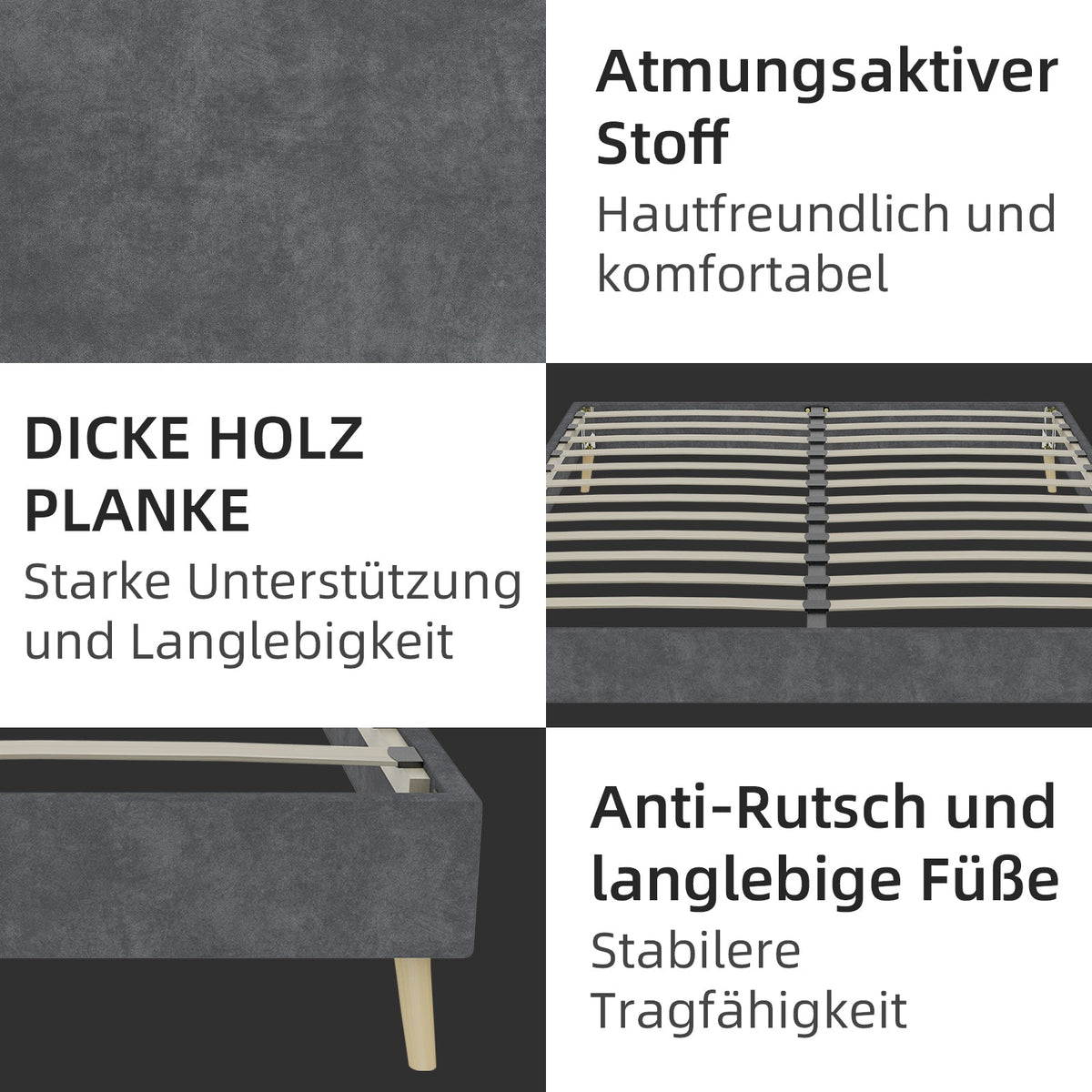 Modern Minimalist Bed Frame 160x200 cm Low-Profile Dutch Velvet Grey