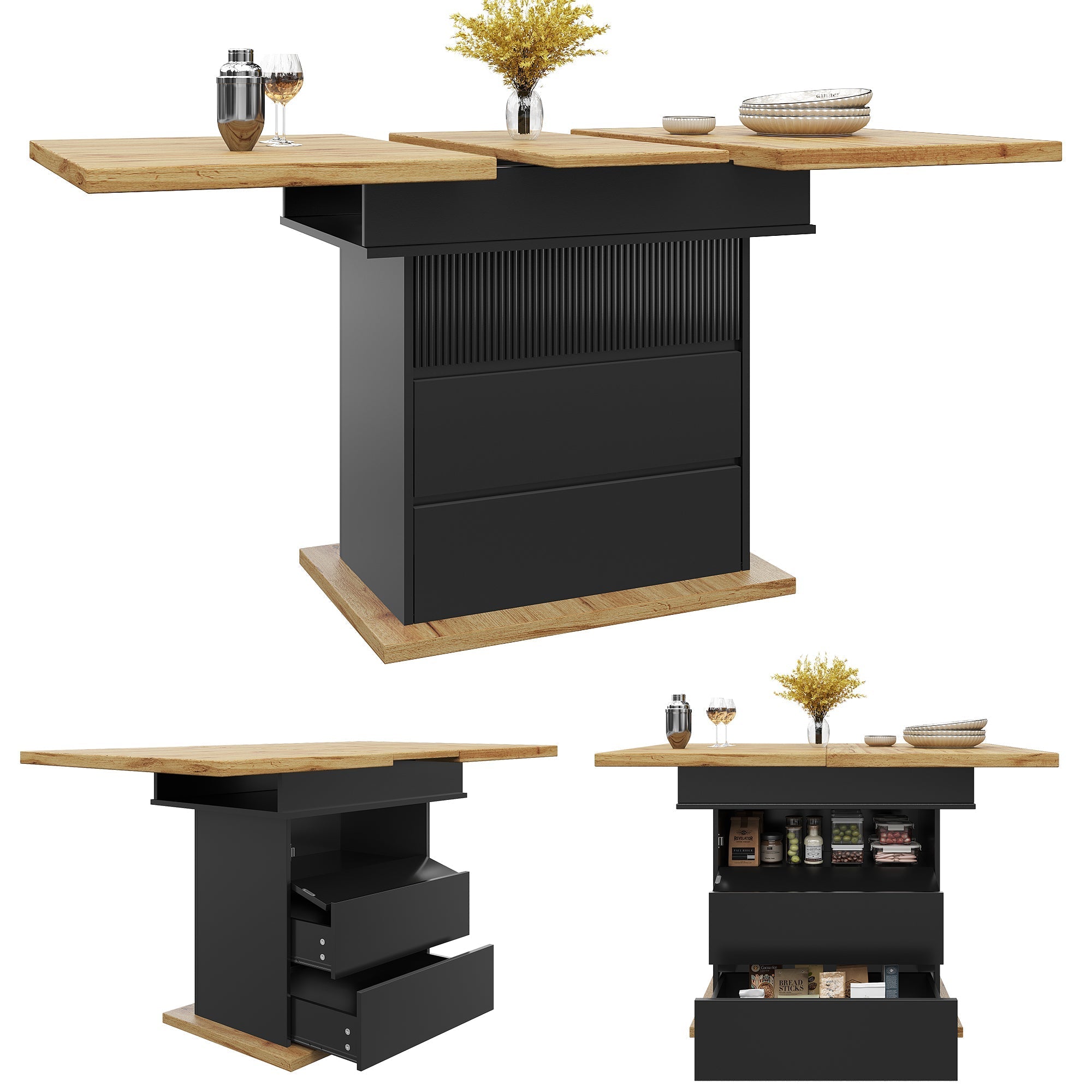 Telescopic Dining Table, Extendable with Storage Shelves for 4-6 People, Black