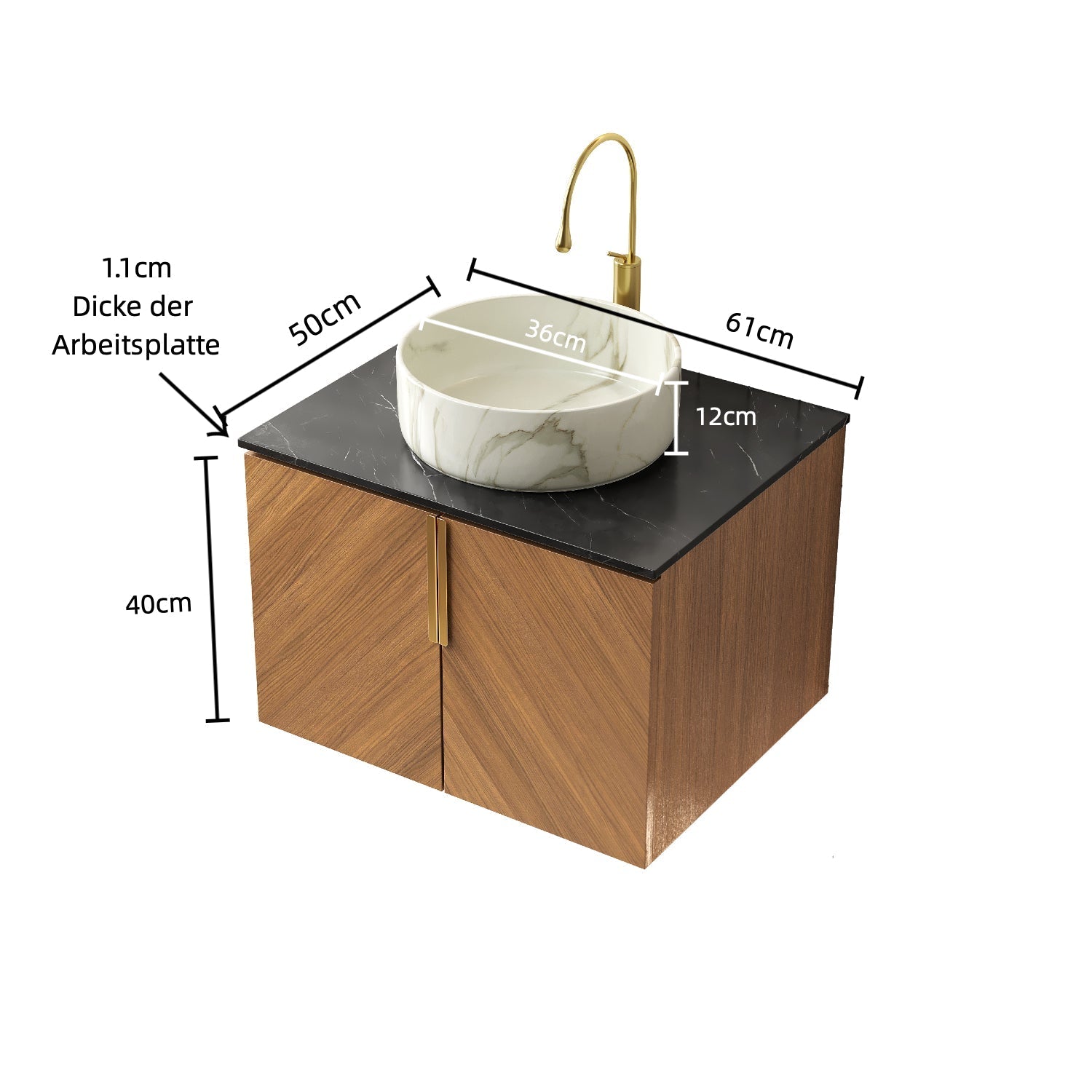 ARAI 61cm Wall Mounted Bathroom Vanity Unit with White Ceramic Basin, Black Sintered Stone Countertop, Plywood