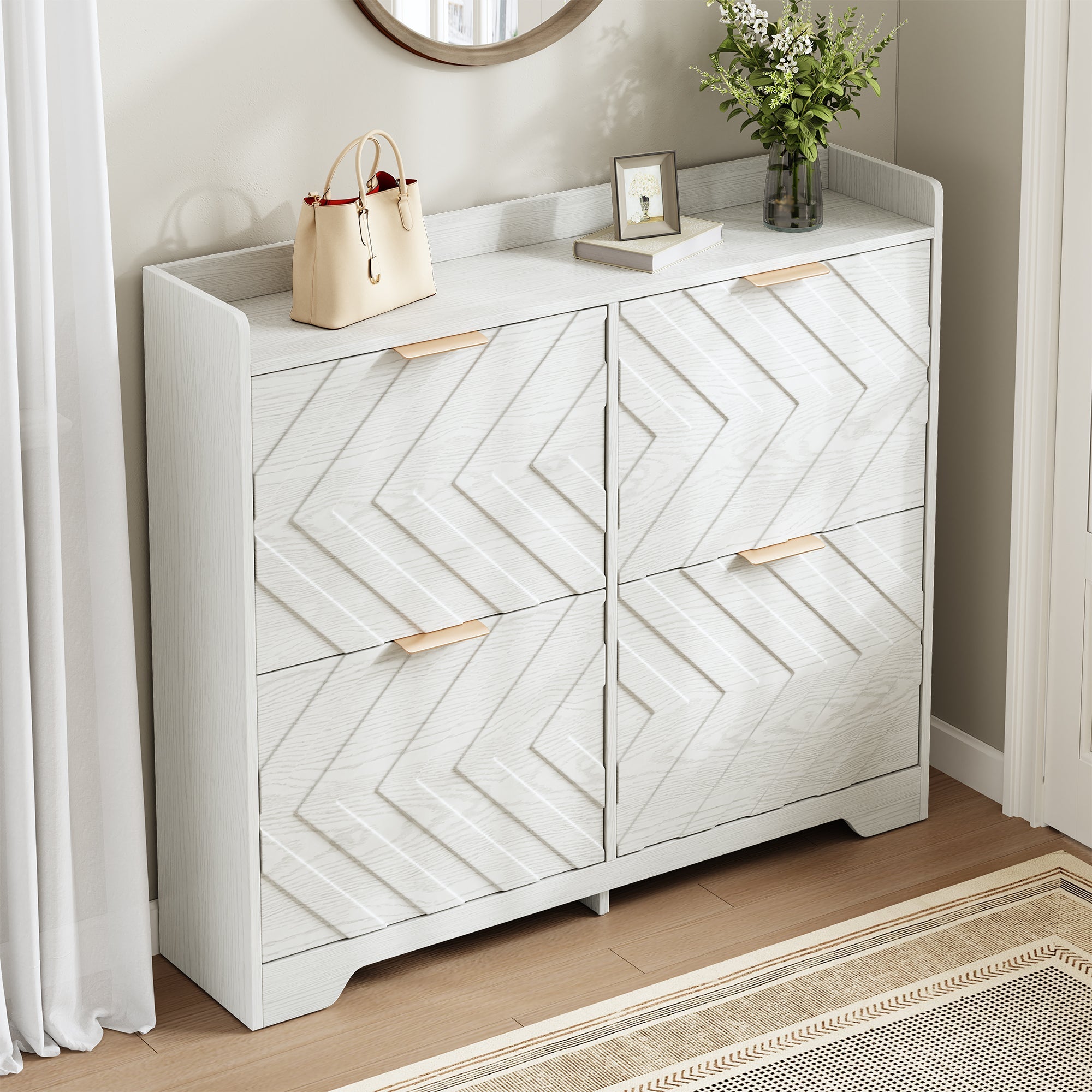 Shoe Cabinet with 4 Flip Drawers, 3D Textured Front and Top Shelf, White Particle Board