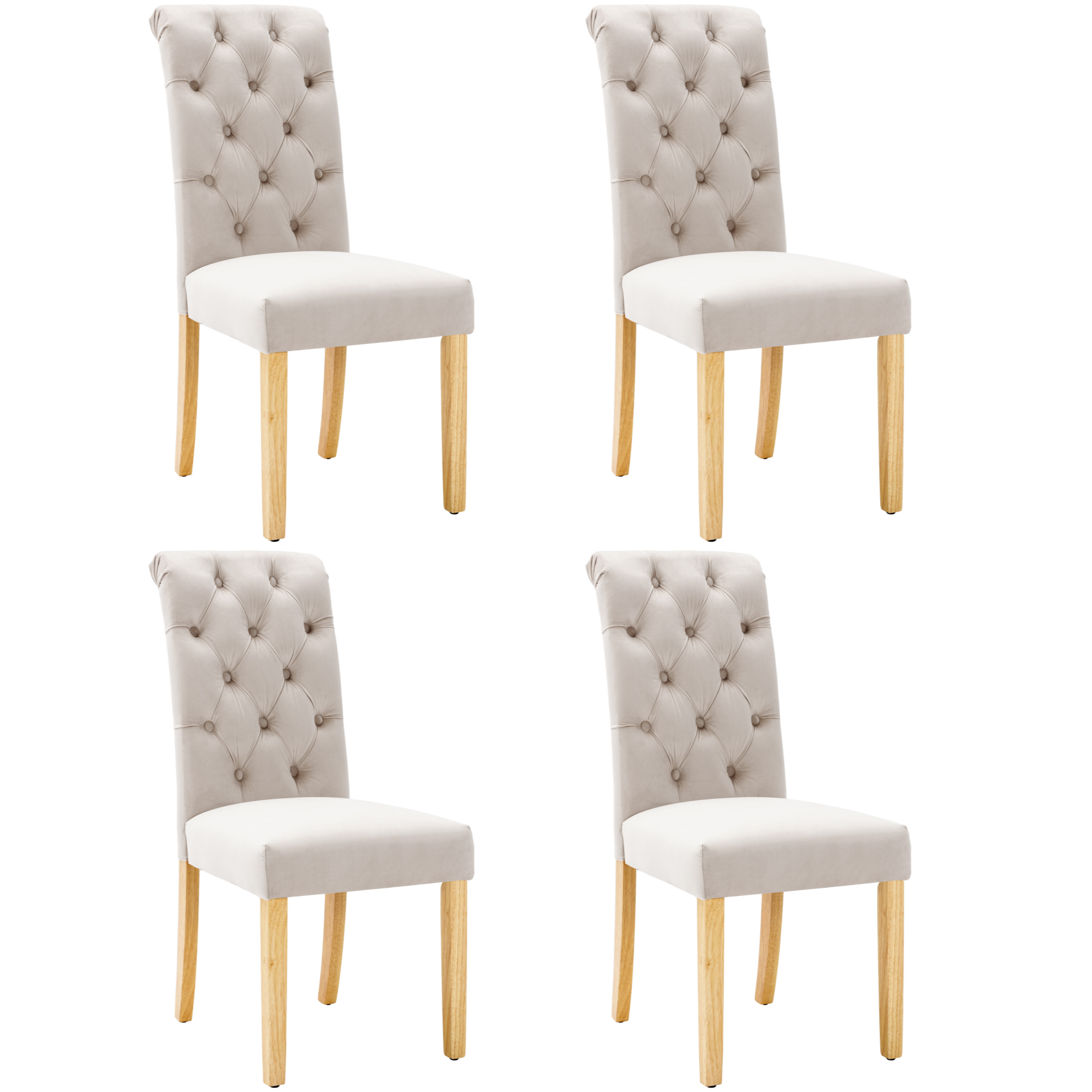 Velvet Dining Chairs Set of 4 with Oak Legs and Chrome Knocker Beige