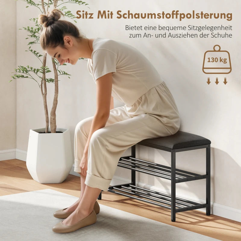 Shoe Bench with Seat, Storage & 2 Open Compartments - Black
