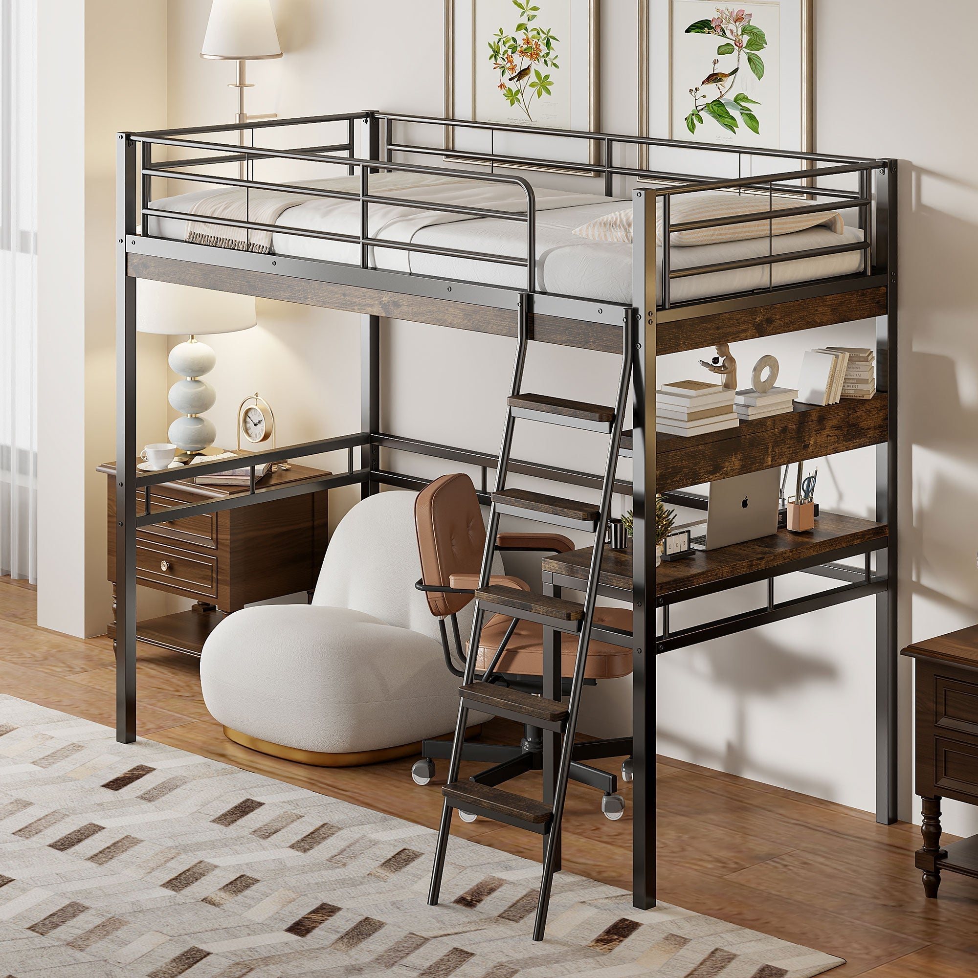 Loft Bed 90x200cm with Desk Shelves Ladder - Black Iron