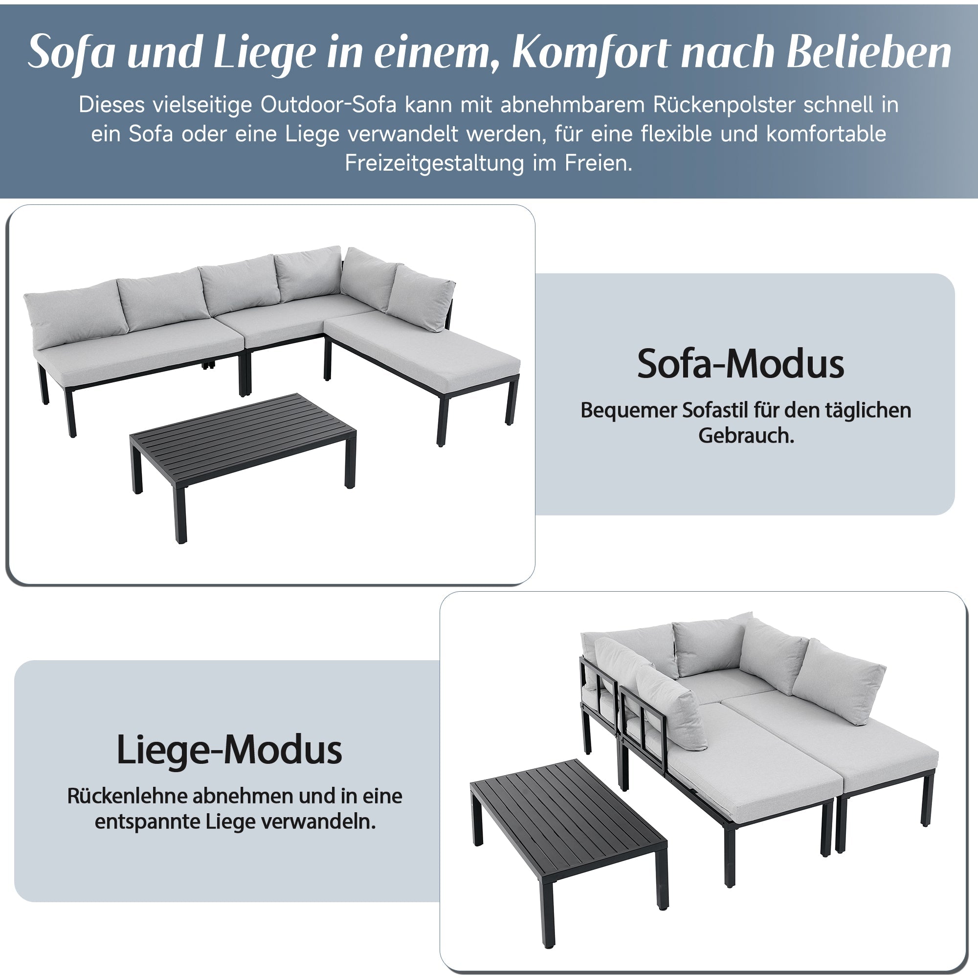 Garden Dining Set, 6-Seater Modular Lounge with Adjustable Legs and Removable Backrest, Grey Galvanized Iron